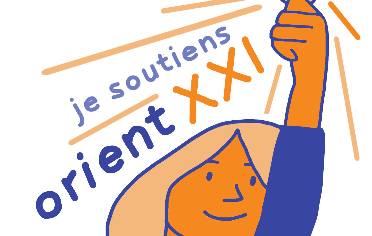 The image features a stylized illustration of a person with light-colored hair, raising a hand that holds a coin. The person has a cheerful expression. Surrounding them are the words "je soutiens" (I support) and "orient XXI," with various stylized effects like rays emanating from the coin, emphasizing a feeling of positivity and support. The color scheme includes shades of orange and blue.