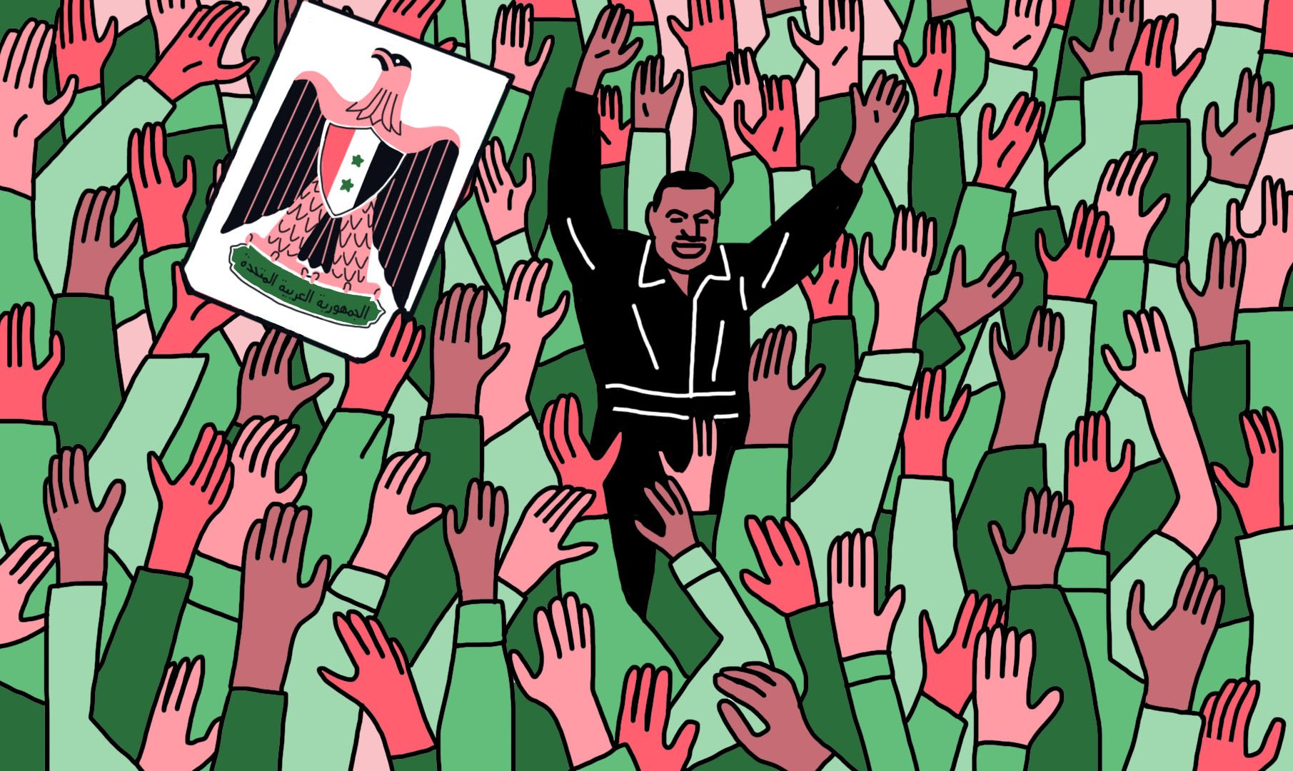 L'image montre une grande foule de mains levées, qui semblent exprimer une sorte d'enthousiasme ou d'approbation. Au centre, un homme en tenue noire est visible, se tenant debout parmi la foule. À sa gauche, il y a un drapeau portant un aigle, symbole souvent associé à des gouvernements ou mouvements nationalistes. L'ensemble de la scène donne une impression de rassemblement politique ou de manifestation, suggérant une atmosphère de soutien ou de célébration collective. Les couleurs vives, notamment le vert et le rouge, ajoutent une dimension dynamique à l'image.