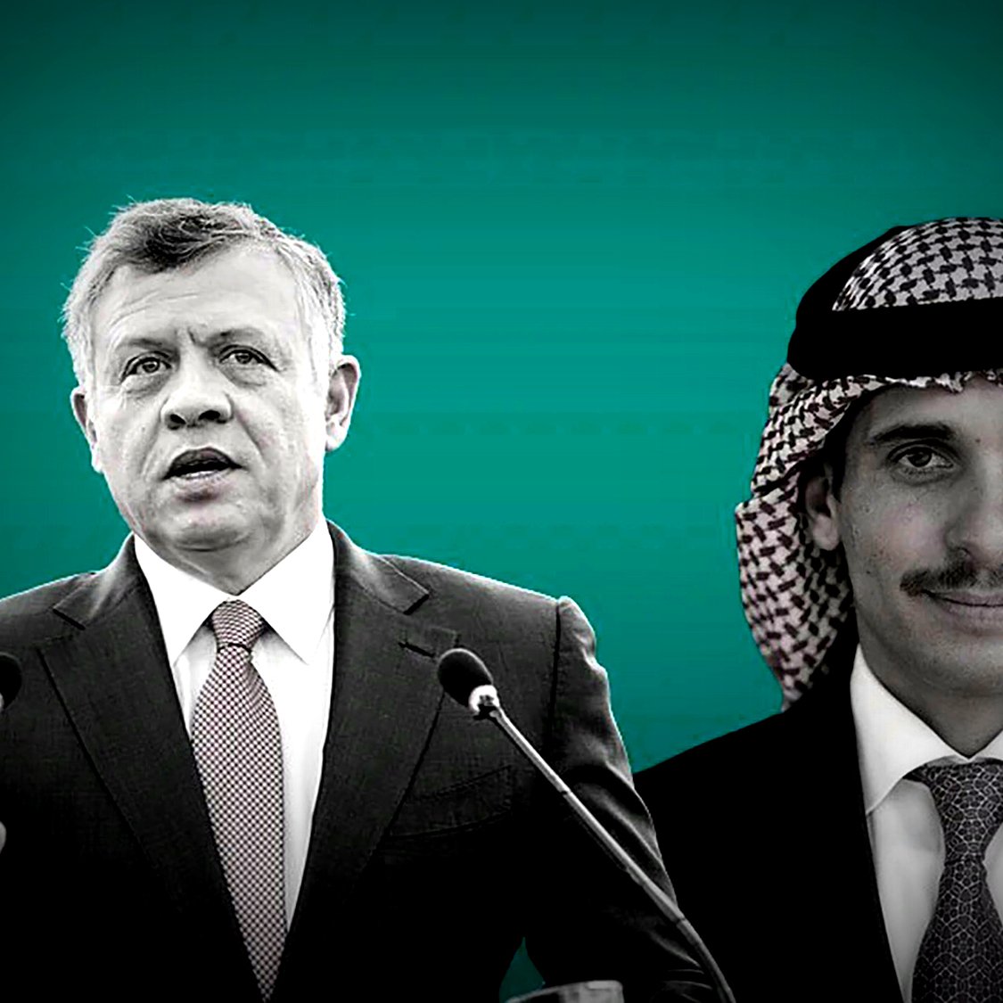 L'image montre deux hommes, probablement des figures politiques. L'homme à gauche semble s'exprimer avec des gestes, tandis que l'homme à droite regarde vers l'avant. Le fond est d'une couleur unie, créant un contraste avec les portraits. Les deux hommes semblent porter des vêtements formels, suggérant qu'ils occupent des positions importantes. L'image pourrait évoquer un moment de discours ou d'allocution sur des sujets politiques.