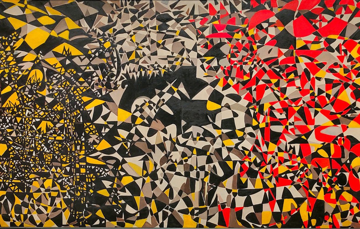 L'immagine presenta un'opera astratta caratterizzata da un uso audace di colori, tra cui il rosso, il giallo, il nero e il bianco. La composizione è composta da forme geometriche e linee intrecciate che creano un effetto dinamico e energico. A sinistra si osservano pattern più complessi e fitti, mentre a destra il colore rosso e le forme più leggere sembrano esplodere, dando un senso di movimento e vivacità. L'insieme evoca emozioni contrastanti e stimola l'immaginazione, invitando l'osservatore a interpretare i vari elementi a proprio modo.