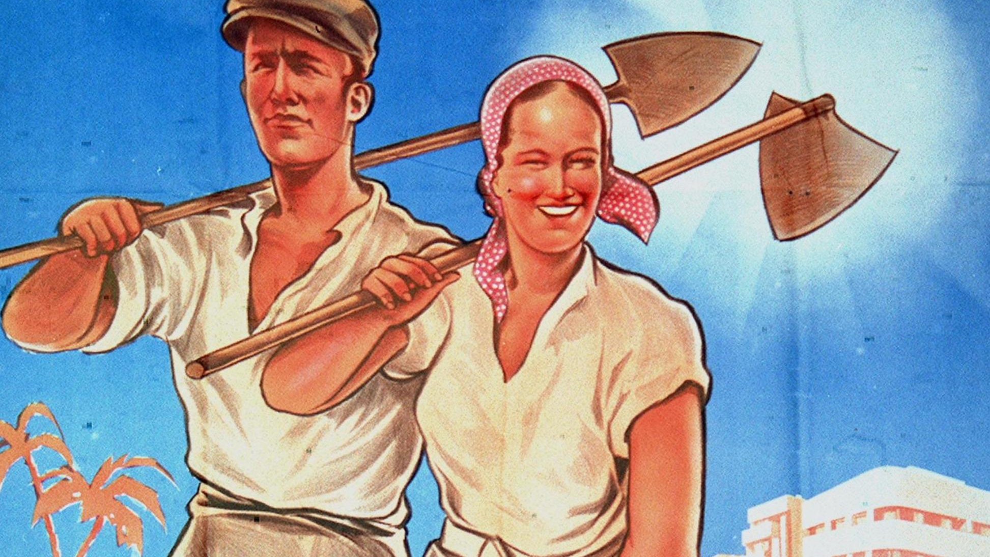 The image features two smiling agricultural workers, a man and a woman, standing together in a field. The man is dressed in a cap and a light-colored shirt, while the woman wears a headscarf and a shirt. They both carry farming tools over their shoulders, exuding a sense of teamwork and productivity. The backdrop includes bright blue skies, possibly suggesting a sunny day, and there are hints of desert scenery with palm trees and camels in the distance. Overall, the image conveys a theme of hard work and camaraderie in agricultural life.