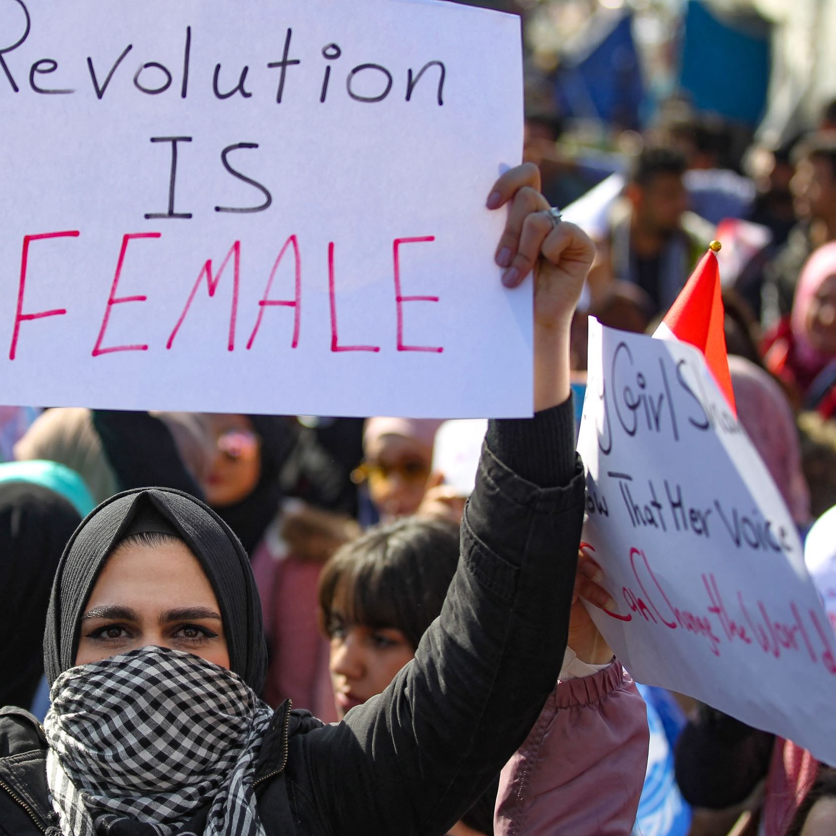 در این تصویر، گروهی از مردم در حال شرکت در یک تظاهرات هستند. فردی در جلو، یک تابلو در دست دارد که روی آن نوشته شده "انقلاب زنانه است" (Revolution is Female). این فرد چادر بر سر دارد و صورتش با یک روسری پوشیده شده است. در جمعیت، زنان و مردان دیگری نیز دیده می‌شوند که به تظاهرات ادامه می‌دهند. فضای تصویر نشان‌دهنده حال و هوای تصمیم و فعالیت اجتماعی است.