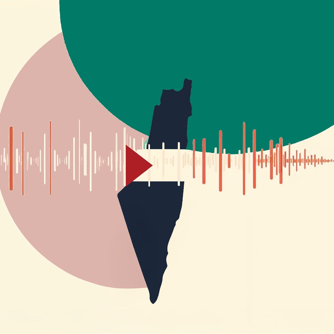 L'immagine presenta una composizione grafica che combina elementi astratti e simbolici. Al centro si trova una silhouette che rappresenta una mappa di un territorio, affiancata da forme geometriche colorate, come un cerchio verde e uno rosa. Sotto la mappa, si estende un'onda sonora stilizzata, formata da linee di varia lunghezza e colore, creando un contrasto visivo interessante. Il design è moderno e minimalista, evocando temi di comunicazione e identità.