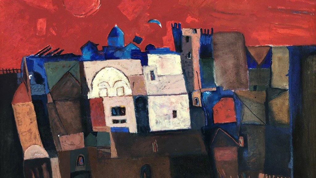 هذه الصورة تُظهر لوحة فنية تعكس أشكالاً هندسية ملونة تتداخل مع بعضها البعض. تشمل الألوان المستخدمة الأحمر الداكن، الأزرق، والأبيض، مما يخلق تباينًا قويًا. في الخلفية، يمكن رؤية شمس حمراء أو كوكب، بينما تظهر المباني بأشكال بسيطة ومتنوعة. تبرز بعض التفاصيل المعمارية في المباني، مما يُعطي إحساسًا بالعمران أو البيوت القديمة. الأجواء العامة تبدو غامضة وفنية.