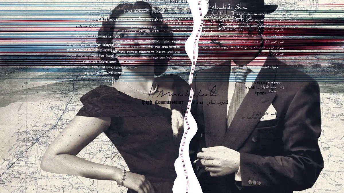 L'image présente un collage artistique, où deux figures humaines, une femme et un homme, sont opposées. La femme est vêtue d'une robe noire élégante, tandis que l'homme porte un costume et un chapeau. En arrière-plan, une carte, probablement de la Palestine, est visible, avec des lignes et des motifs superposés en rouge et bleu. Une déchirure centrale sépare les deux personnages, ajoutant un effet visuel intéressant et symbolique. L'ensemble évoque des thèmes de division et d'identité.