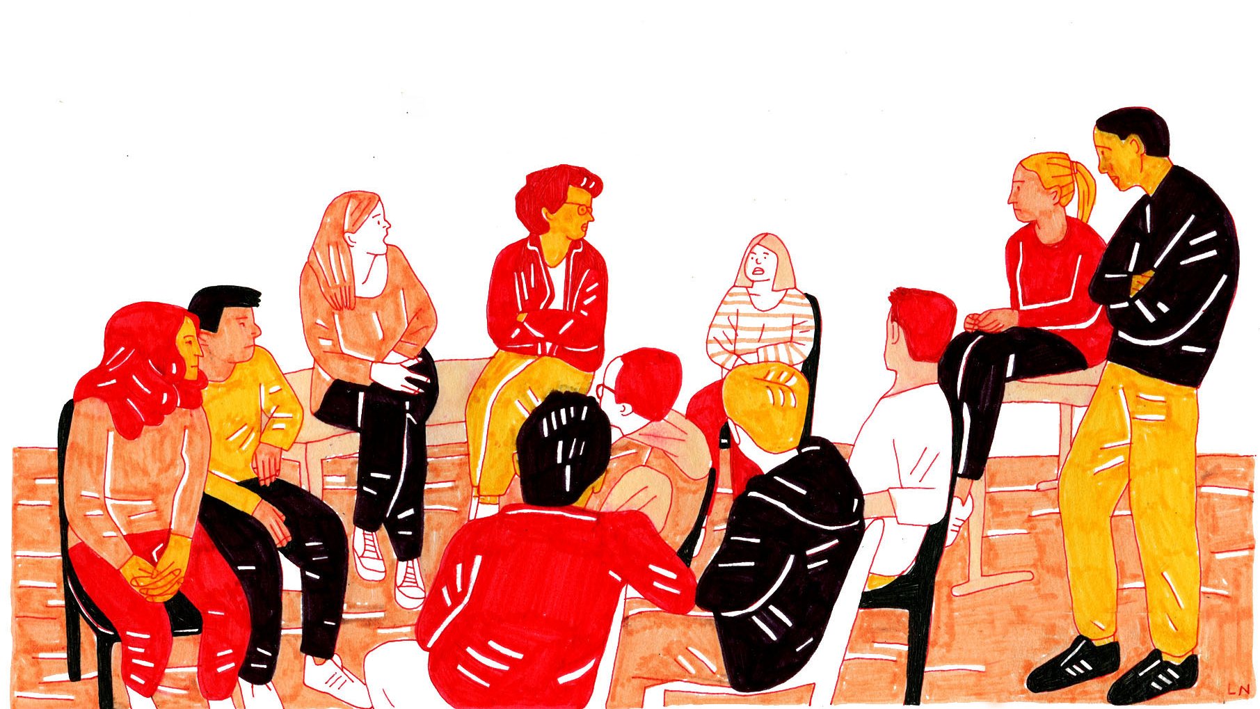 L'image représente un groupe de personnes assises en cercle, engagées dans une discussion. Les personnages sont dessinés avec des couleurs vives, principalement en rouge, orange, et jaune, ce qui donne une atmosphère dynamique et chaleureuse. Certains sont debout, tandis que d'autres sont assis sur des chaises. L'expression de chacun semble attentive, suggérant une interaction collaborative et conviviale.