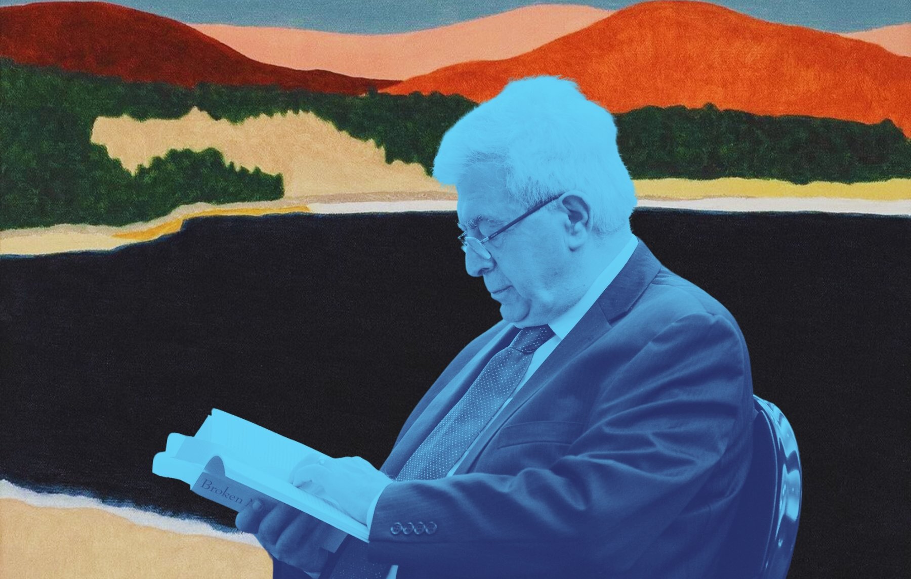 L'image présente un homme assis, plongé dans la lecture d'un livre. Il est habillé de manière formelle, portant un costume et une cravate. L'arrière-plan est artistique, mettant en valeur un paysage stylisé avec des collines colorées et un ciel abstrait. Les teintes de l'image ont été modifiées pour donner un effet de teinte bleue sur l'homme et le livre, créant un contraste avec les couleurs chaudes de l'arrière-plan.