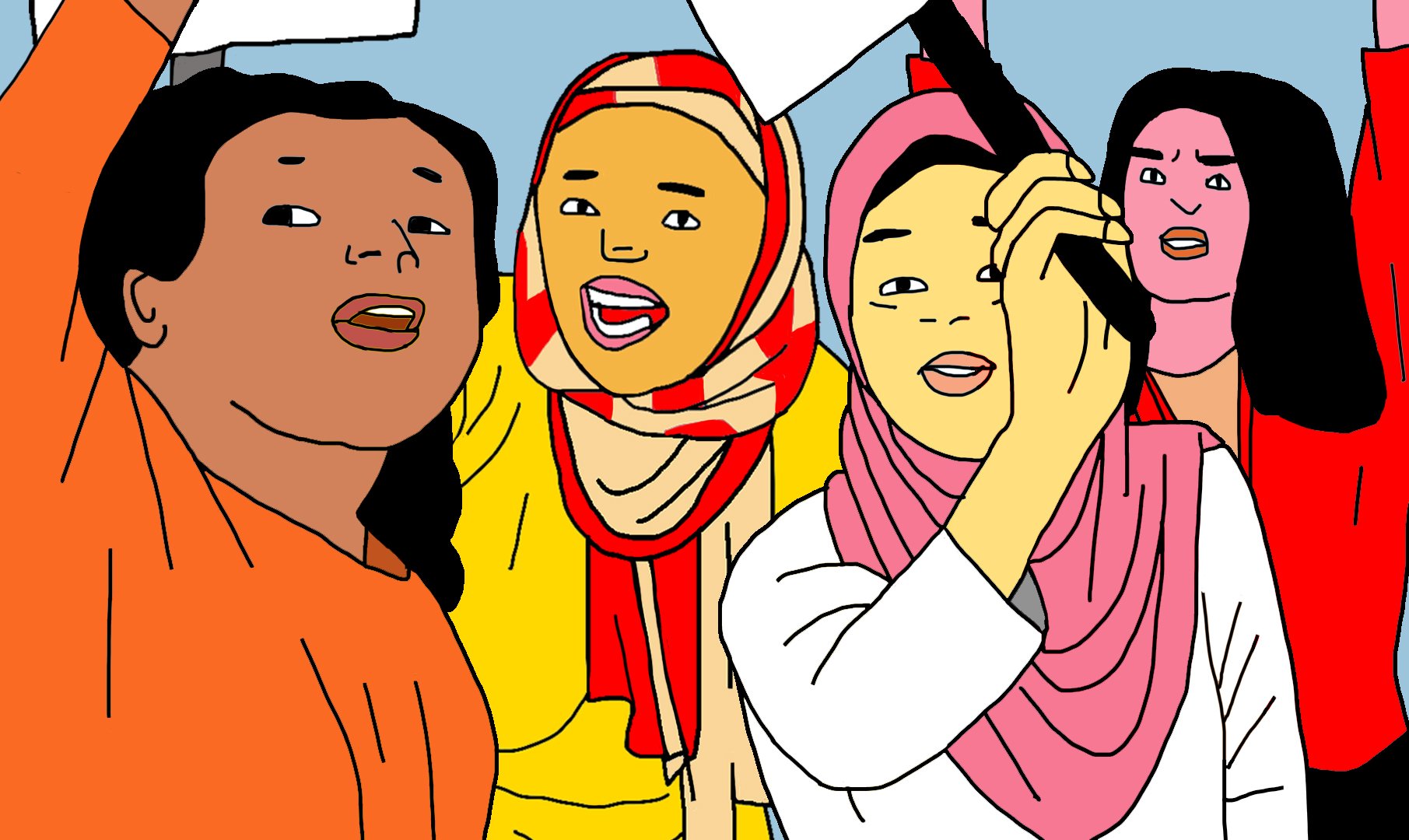 L'image représente un groupe de femmes qui semblent être engagées dans une manifestation ou une action collective. Elles portent des vêtements de couleurs vives, dont des hijabs et des écharpes. Plusieurs d'entre elles lèvent la main avec des pancartes, exprimant probablement leurs voix pour une cause qui leur tient à cœur. Les expressions sur leurs visages transmettent de la détermination et de l'énergie. L'arrière-plan est simple, mettant l'accent sur l'action et l'enthousiasme du groupe.