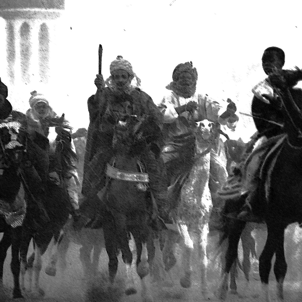 The image depicts a group of mounted figures riding through a misty or foggy environment. The riders, dressed in flowing garments and headgear, appear to be engaged in a dynamic movement, possibly representing a historical or ceremonial moment. The overall tone of the image is dark and dramatic, with a strong contrast between the figures and the background, enhancing the sense of action and intensity.