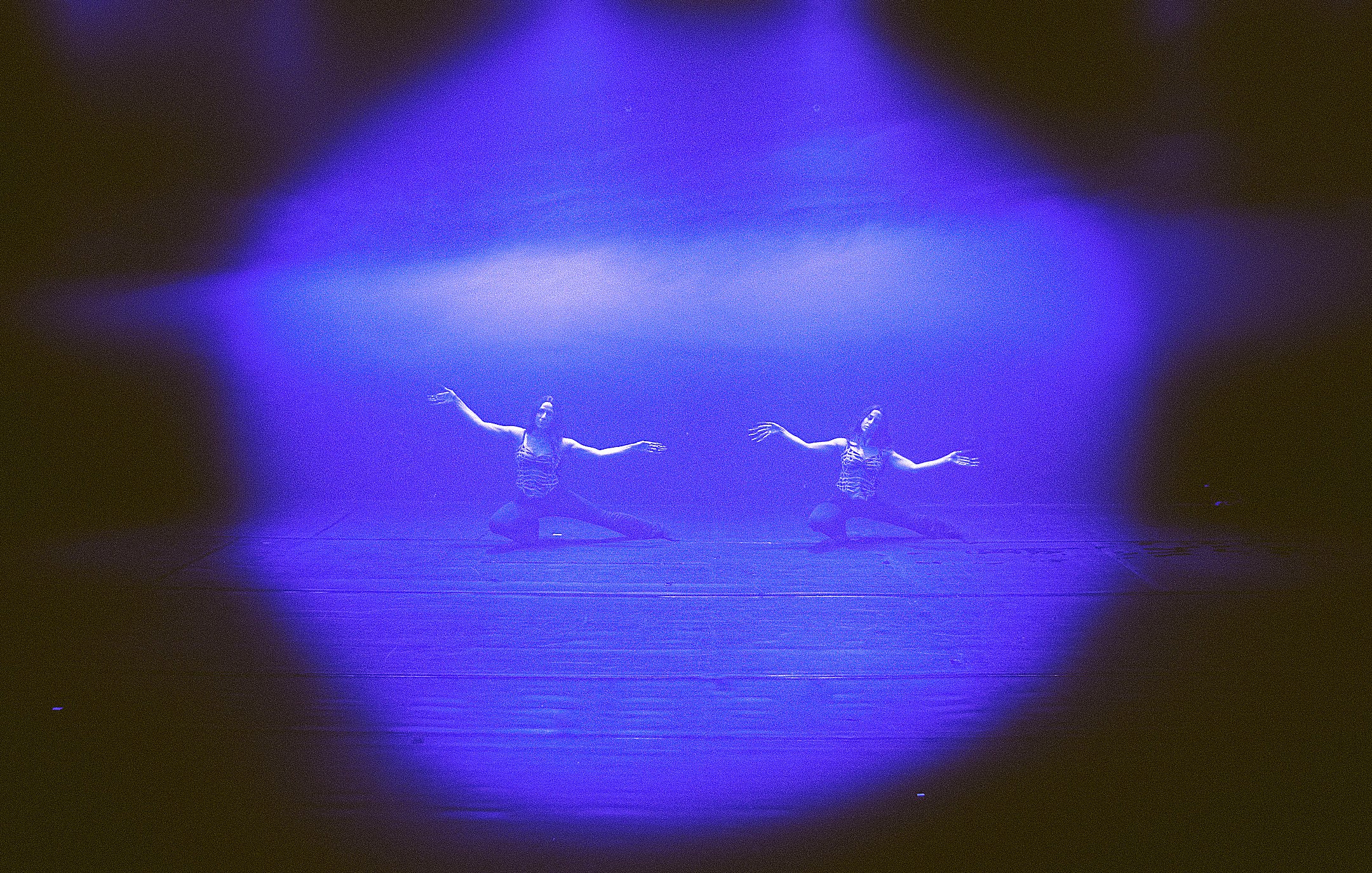 The image features two dancers positioned on a stage, surrounded by a soft, dramatic purple light. They appear to be performing a synchronized dance, with their arms outstretched. The background is dark, drawing focus to the illuminated area where they are dancing. The scene conveys a sense of artistry and expression, emphasizing the dancers' movements and the emotional atmosphere created by the lighting.