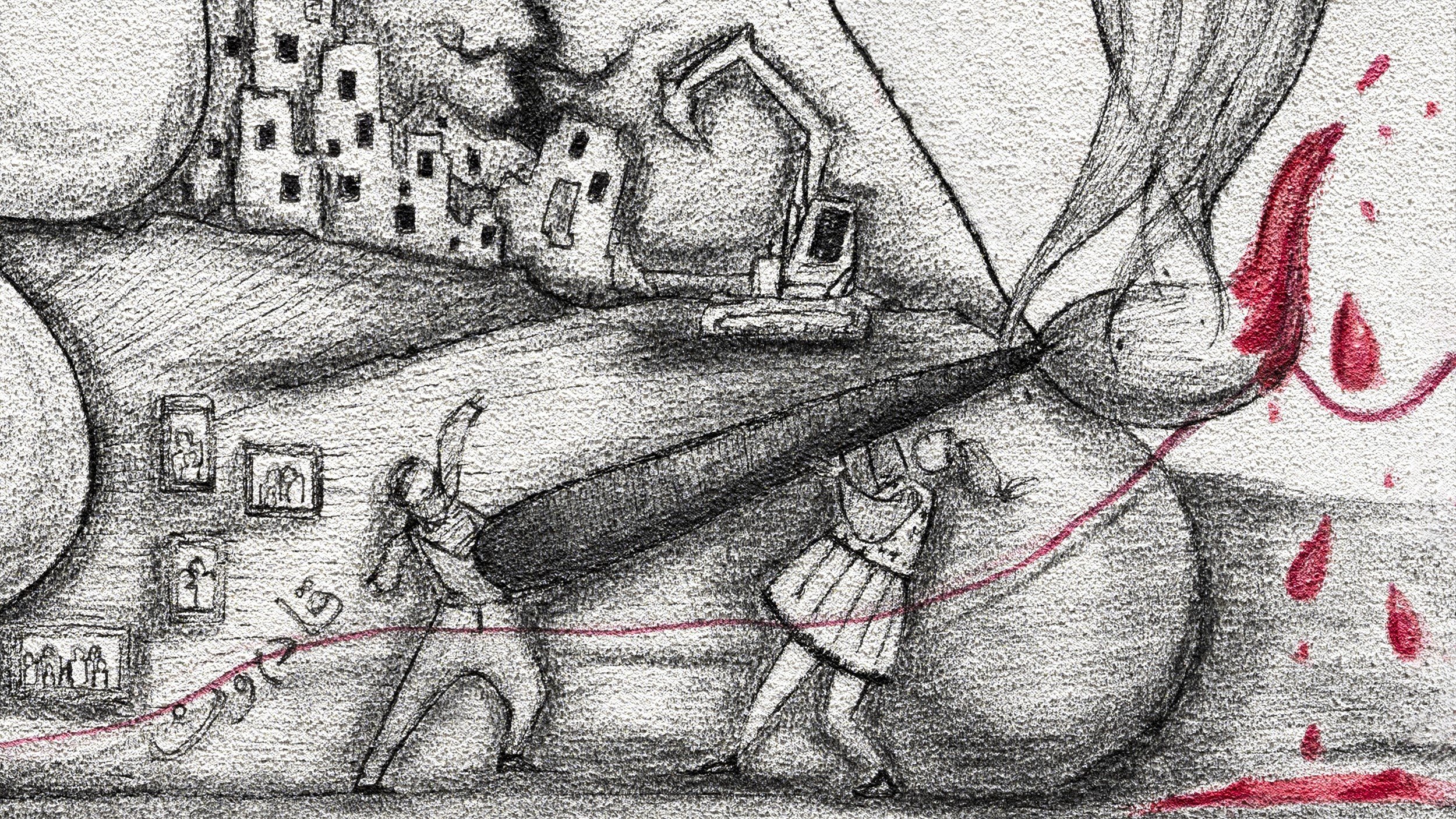 L'immagine presenta una scena emotiva e simbolica. Al centro, si vede la figura di una persona con un grande viso, da cui emergono elementi che rappresentano edifici distrutti e una ruspa, suggerendo un contesto di devastazione e ricostruzione. Due figure umane, una vestita in modo tradizionale e l'altra in abiti più moderni, stanno tirando una corda rossa che attraversa il quadro, simbolizzando la tensione e il conflitto. Sul lato destro, una macchia di rosso potrebbe rappresentare il dolore o il sacrificio. L'uso di ombre e linee morbide crea un'atmosfera intensa e riflessiva.