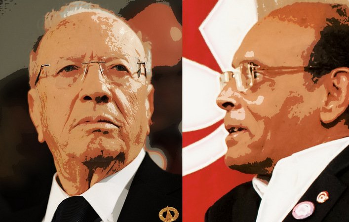 L'image présente deux personnages, probablement des figures politiques, aux visages distincts. À gauche, une personne avec des lunettes et une expression sérieuse, portant un costume sombre. À droite, une autre personne avec des lunettes également, affichant une expression plus contemplative et une tenue différente. Un fond rouge avec un motif suggère un contexte politique.