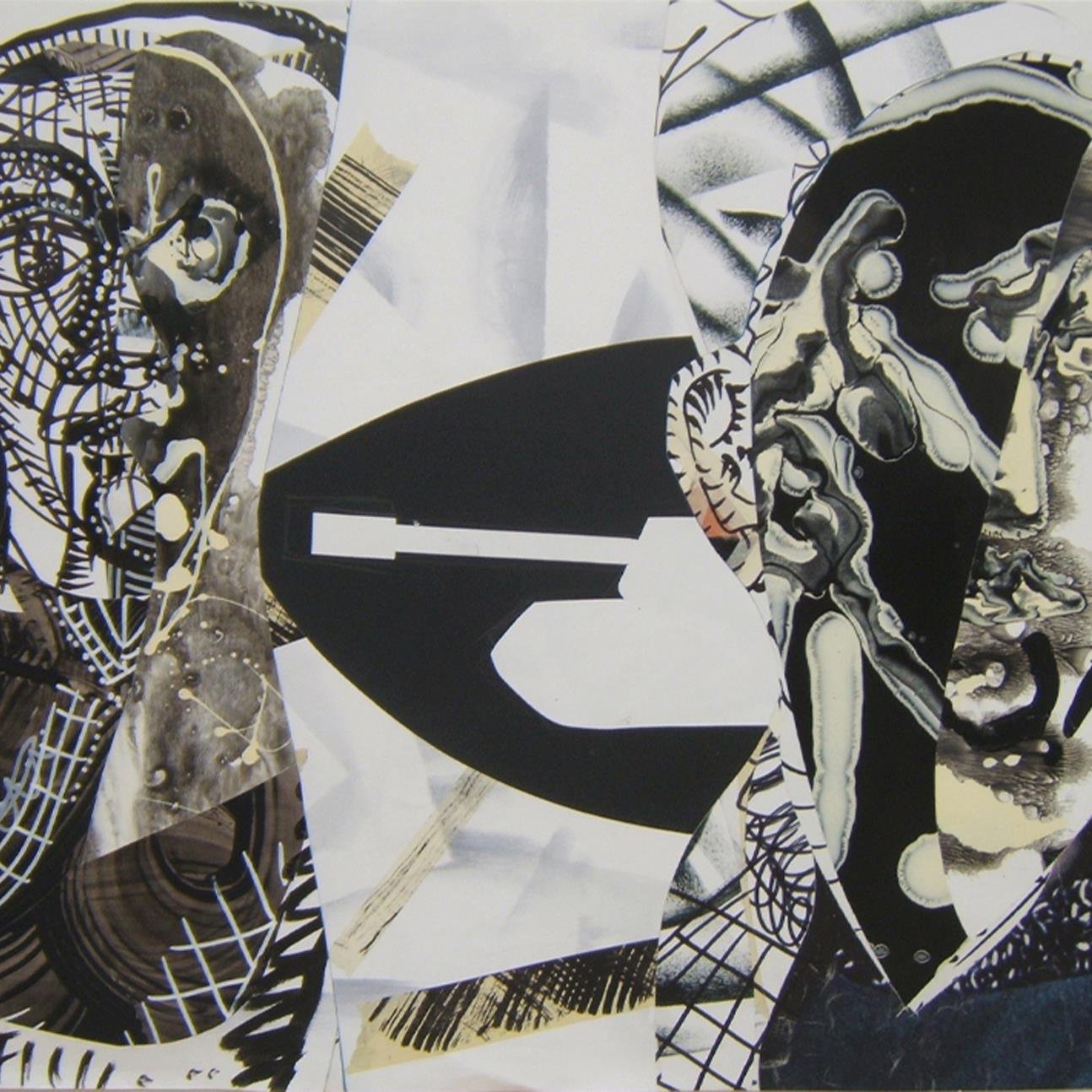 The image appears to be an abstract artwork featuring two stylized human figures on either side. The figures are composed of various patterns and textures, including grid-like designs and layered shapes. The color palette is primarily monochromatic with shades of black, white, and gray, along with some earthy tones. In the background, there are hints of nature, such as a palm tree silhouette, which contrasts with the geometric and abstract elements of the figures, suggesting a juxtaposition between the organic and the fabricated. Overall, the composition conveys a sense of complexity and thought-provoking imagery, inviting viewers to interpret its meaning.
