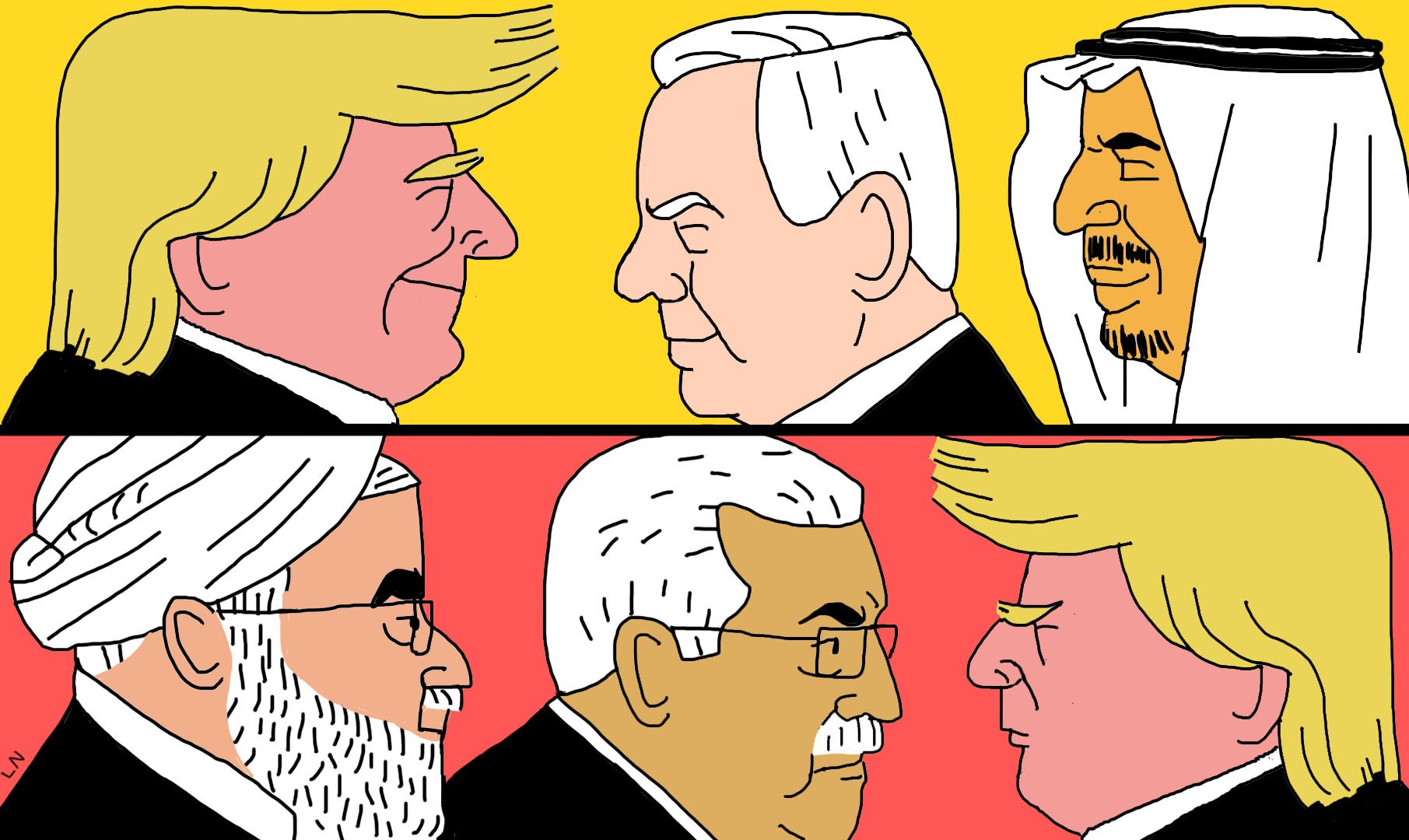 L'image présente une illustration divisée en deux parties. La partie supérieure montre des visages de plusieurs leaders politiques avec un fond jaune, tandis que la partie inférieure les montre sur un fond rouge. On y voit une confrontation entre différentes figures symboliques, probablement des dirigeants de pays, avec des expressions sérieuses. Cette représentation semble évoquer des relations diplomatiques tendues et des enjeux politiques.