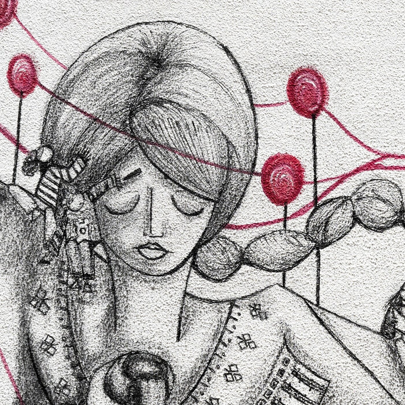 L'immagine rappresenta un'illustrazione monocromatica con elementi grafici in rosso. Al centro si trova una figura femminile con i capelli lunghi e intrecciati, che appare pensierosa. Attorno a lei ci sono linee rosse che sembrano collegare vari elementi, suggerendo una connessione o un'interazione. In primo piano, sono visibili piccole figure e simboli che arricchiscono la scena, creando un'atmosfera intensa e concettuale. L'uso delle tonalità e delle linee rende l'immagine evocativa, richiamando temi di introspezione e connessione.