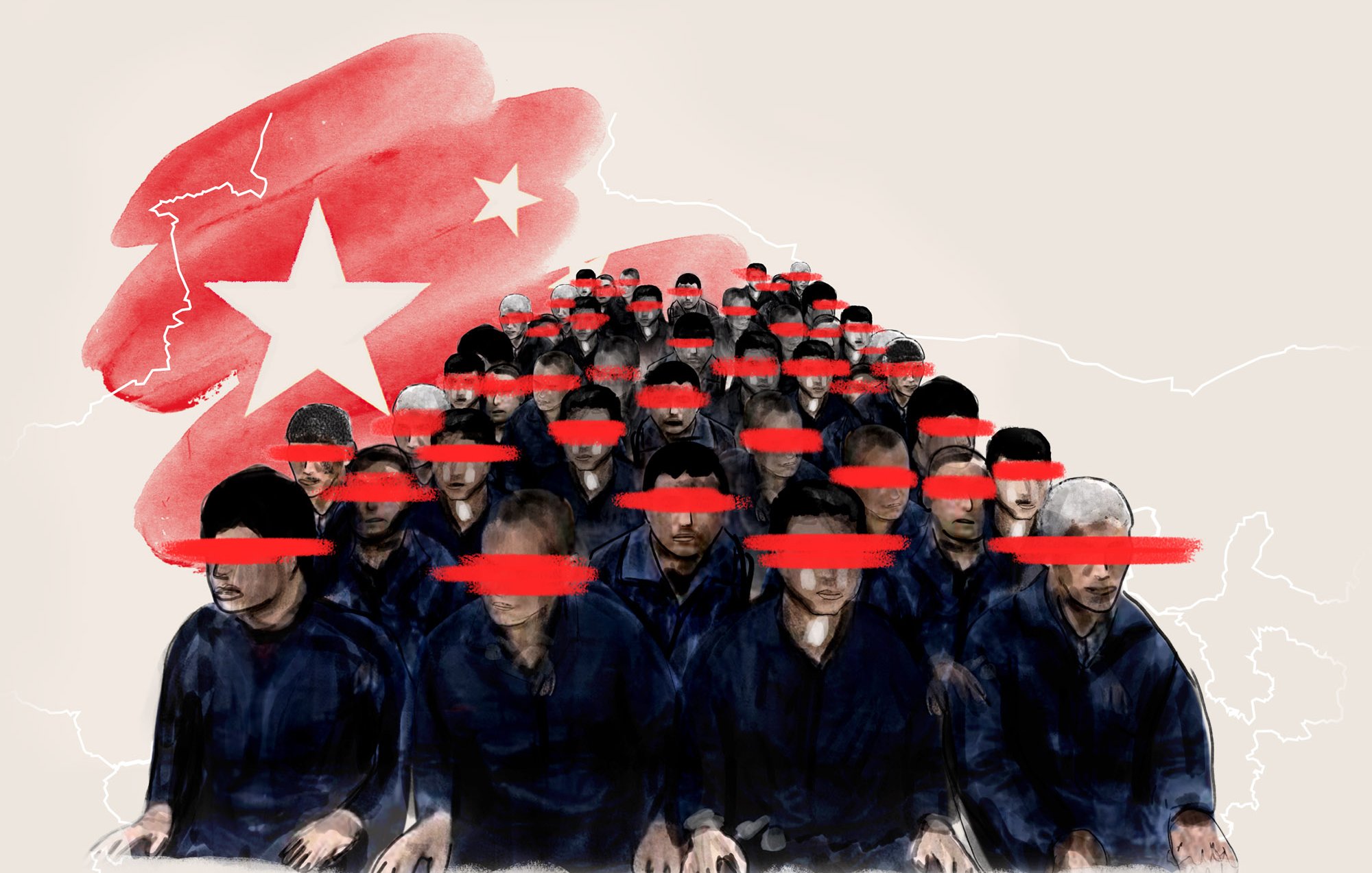 تظهر الصورة مجموعة من الأشخاص يجلسون في صفوف، مع تغطية عيونهم بخطوط حمراء. الخلفية تحتوي على علم الصين وخرائط بشكل فني، مما يوحي بموضوع يتعلق بحقوق الإنسان أو قضايا اجتماعية في الصين. تعكس الصورة شعورًا بالاحتجاز أو القمع، حيث يفتقر الأفراد إلى هويتهم وحرية التعبير.