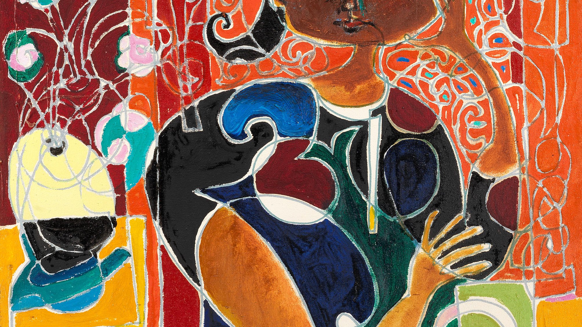 هذه الصورة هي عمل فني يتميز بأسلوب عصري وعناصر تجريدية. تظهر فيها شخصية تجلس بطريقة تعبر عن التفكير والتأمل، حيث ترفع يدها إلى وجهها. الخلفية مليئة بالألوان الزاهية والمخططات المنحنية، مما يضفي إحساساً بالحيوية والحركة على الصورة. الزهور والأشكال الهندسية الموجودة تعزز من جمال التكوين وتضيف عمقاً للعمل. الألوان المستخدمة تتراوح بين الألوان الداكنة والفاتحة، مما يخلق تبايناً جذاباً.