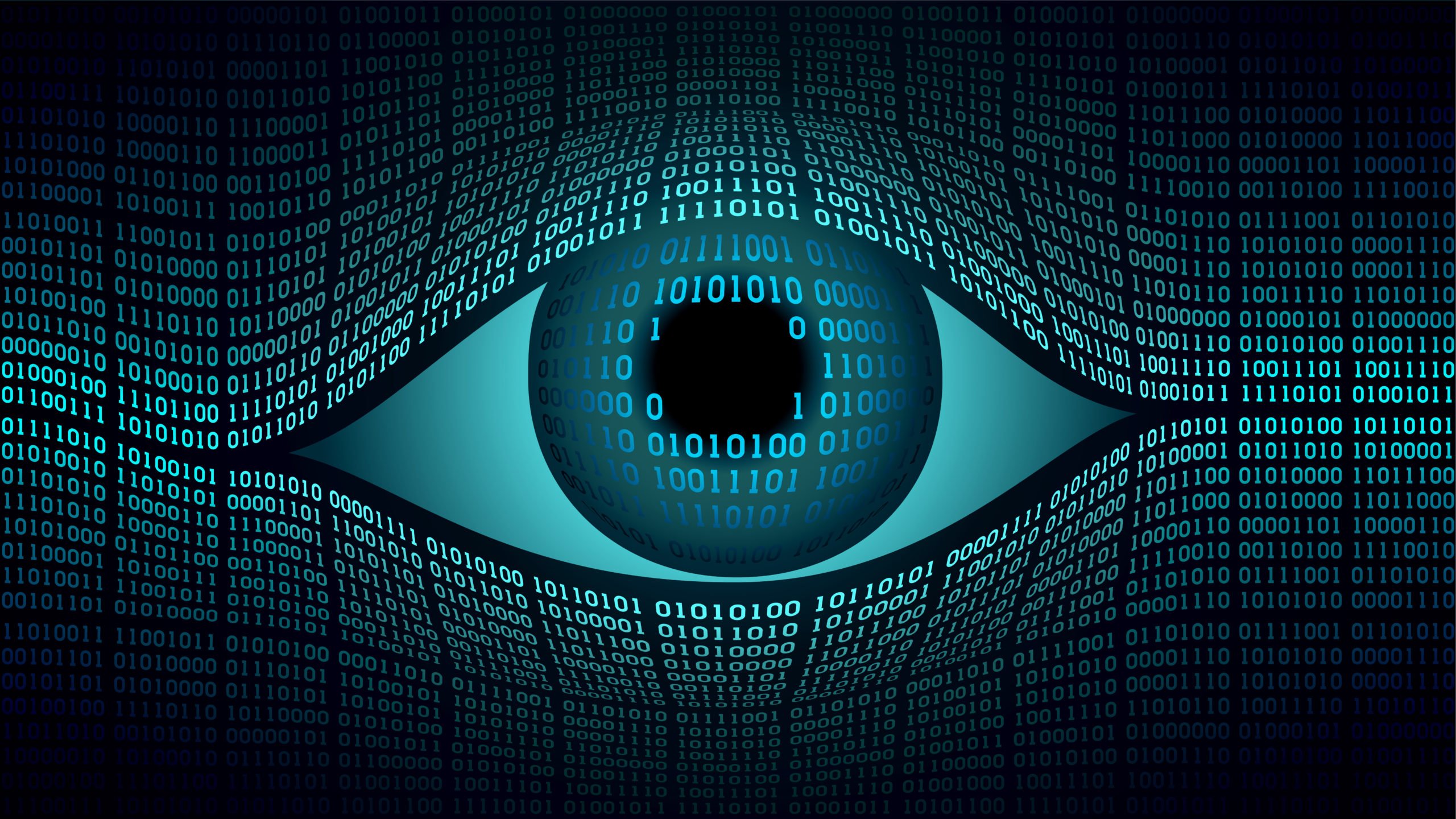 The image features a large, stylized eye at the center, which is depicted with a dark circle for the pupil. Surrounding the eye is a swirling pattern of binary code, composed of zeros and ones, creating a digital or technological theme. The overall color scheme includes shades of blue, giving it a futuristic and tech-inspired appearance. The binary code adds to the concept of data, surveillance, or digital awareness.