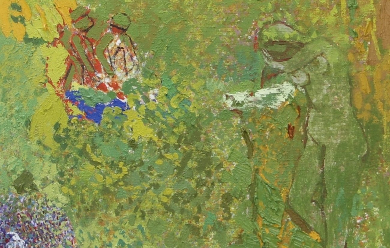 Une scène de nature vibrante avec des formes humaines floues et des couleurs éclatantes.