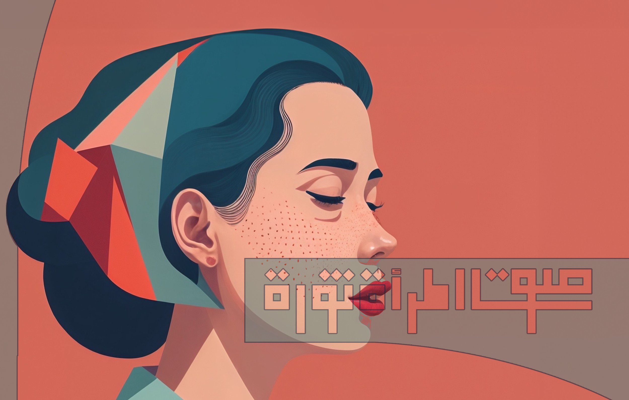 L'immagine presenta un ritratto stilizzato di una donna con capelli scuri e un'acconciatura particolare, adornata da un fazzoletto colorato. Il suo volto è semi-profilato e sembra esprimere una certa serenità. Lo sfondo è caratterizzato da tonalità calde, come arancione e beige. In primo piano, c'è un testo stilizzato che si integra nell'immagine, aggiungendo un elemento di modernità e un richiamo alla cultura visiva contemporanea. Il tutto trasmette un senso di eleganza e astrazione.