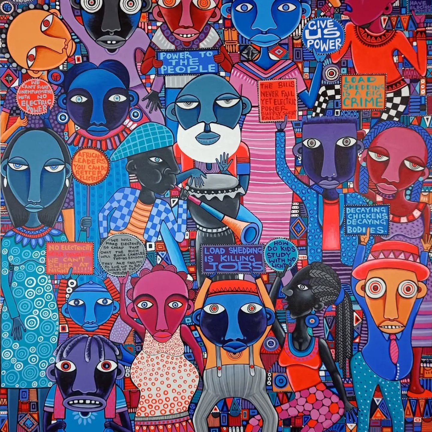 Une œuvre colorée avec des visages stylisés et des messages sociaux percutants.