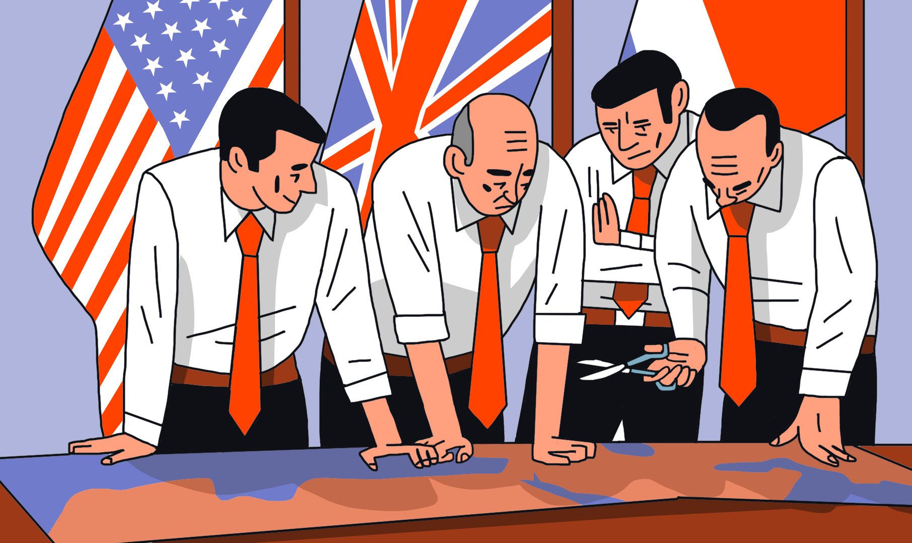 La imagen muestra a cuatro hombres de pie alrededor de una mesa, mirando atentamente un mapa. Todos llevan camisas blancas y corbatas anaranjadas. Detrás de ellos hay tres banderas: la de Estados Unidos, la del Reino Unido y la de Francia. Los hombres parecen estar en una reunión estratégica, discutiendo un plan o analizando información. La expresión en sus rostros transmite concentración y seriedad.