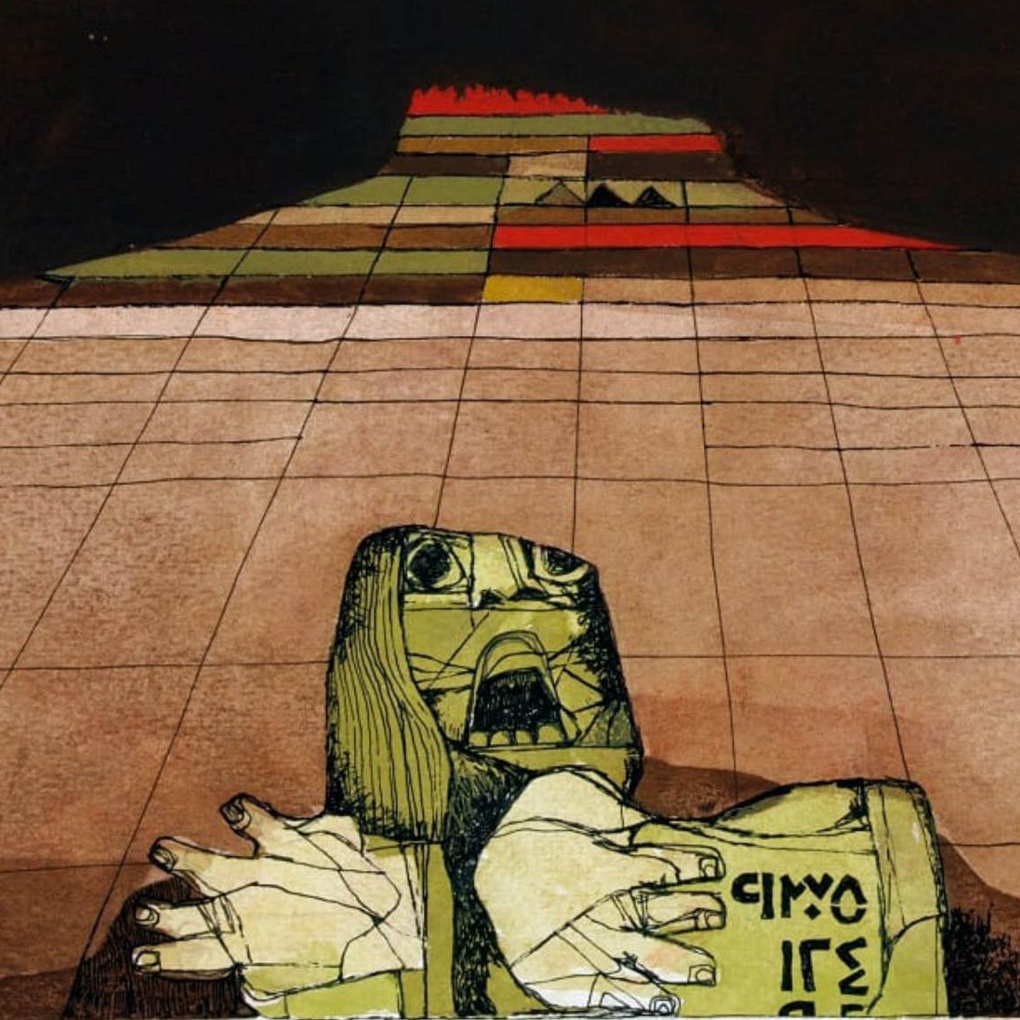 این تصویر نشان‌دهنده‌ی یک صحنه‌ی هنری است که یک شخصیت با چهره‌ای خاص و حالات عاطفی قوی در مرکز تصویر قرار دارد. این شخصیت به سمت بیننده دست‌ها را دراز کرده و به نظر می‌رسد در حال درخواست کمک یا ابراز ناامیدی است. در پس‌زمینه، الگوهای هندسی و رنگ‌های متنوعی دیده می‌شود که جلوه‌ای از فضای انتزاعی را به تصویر می‌دهند. رنگ‌ها شامل زرد، قهوه‌ای و قرمز هستند که حس تنش و درگیری را منتقل می‌کنند. این اثر هنری ممکن است به مفاهیم عمیق‌تری مانند بحران یا دشواری‌های انسانی اشاره کند.