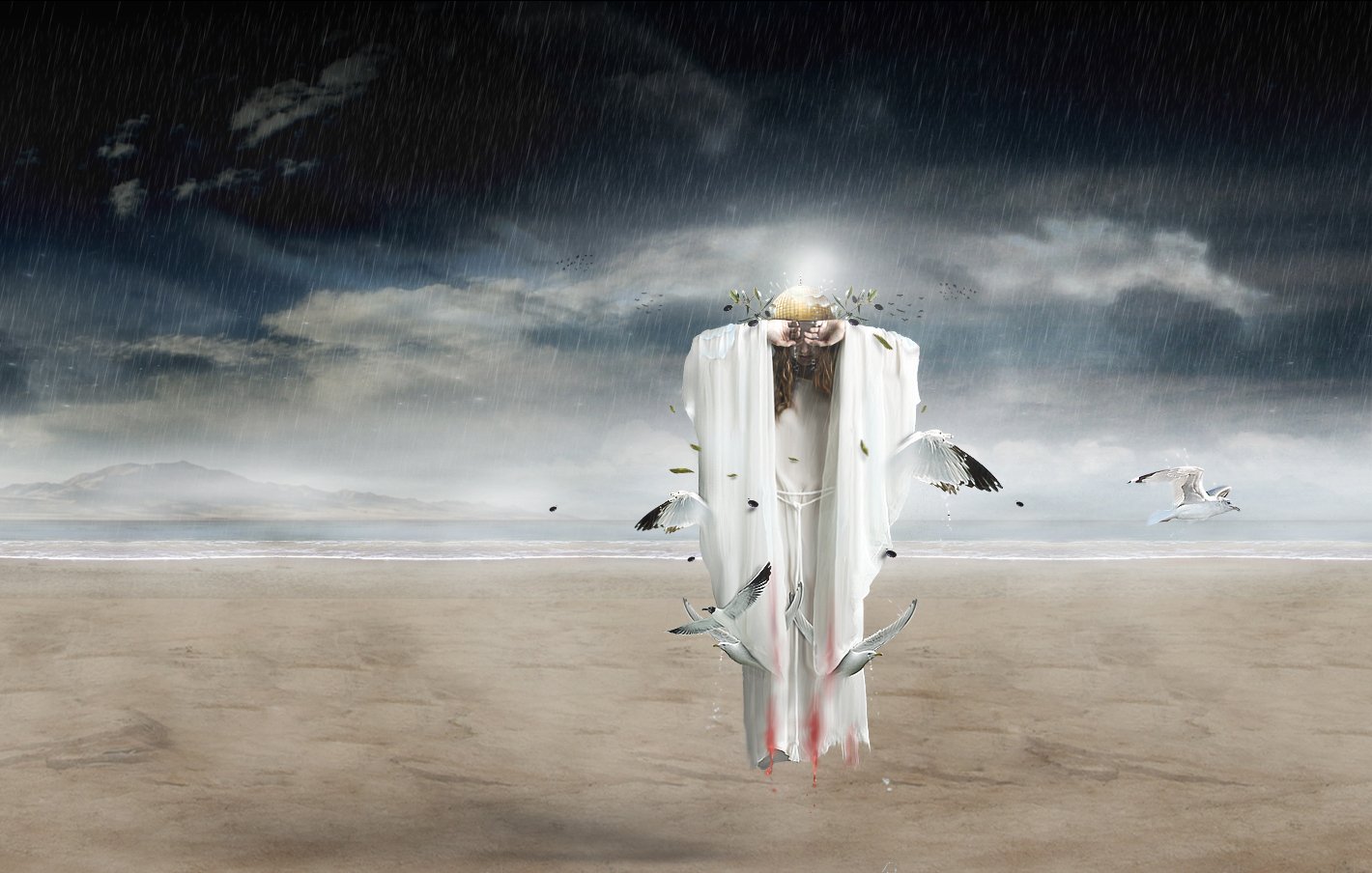 L'image présente une scène surnaturelle sur une plage désertique. Au centre, une figure mystérieuse drapée de blanc semble flotter au-dessus du sol. Des oiseaux, probablement des mouettes, volent autour de cette entité. Le ciel est sombre et orageux, avec des nuages lourds qui annoncent une tempête, et des gouttes de pluie tombent. En arrière-plan, on peut apercevoir des montagnes ou des collines floues. L'ensemble de la composition crée une atmosphère à la fois mystique et dramatique.
