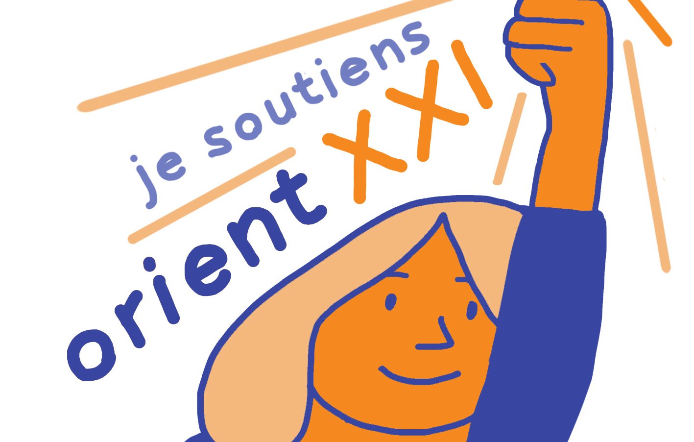 The image features a stylized illustration of a person with a light skin tone and light-colored hair, raising a hand with a coin. The person has a smiling expression and appears to be celebrating or making a gesture of support. The text "je soutiens" (French for "I support") is written above in bold letters, along with "orient XXI," indicating support for that entity or initiative. The overall color palette includes shades of blue, orange, and white, creating a vibrant and positive vibe. The design conveys a sense of empowerment and encouragement.