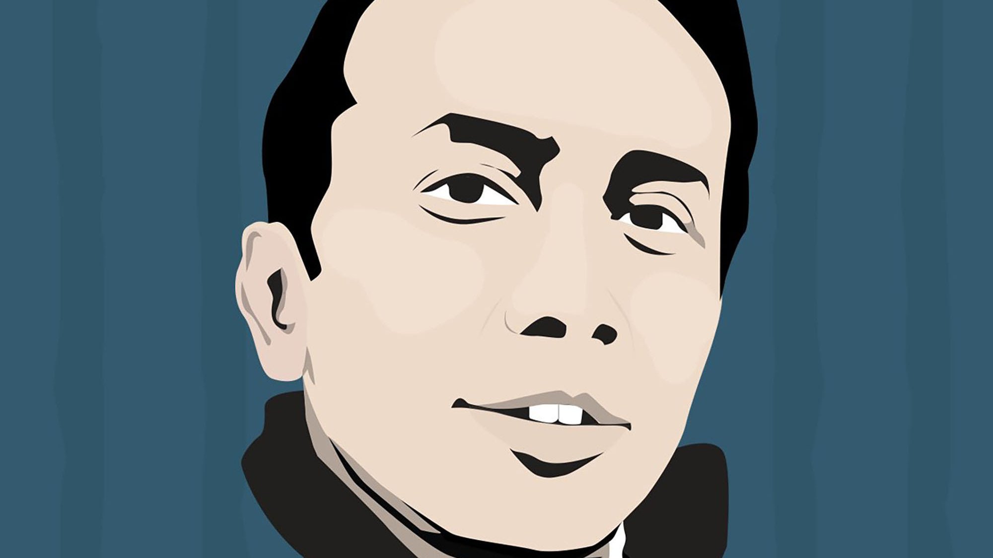 الصورة عبارة عن رسم توضيحي لوجه شخص يظهر بابتسامة خفيفة. لديه شعر داكن ومسرح بشكل عصري، بينما ملامح وجهه تبدو ناعمة. الخلفية بألوان مائية زرقاء تعزز من بروز الوجه بشكل جميل. تعكس الصورة أسلوبًا فنيًا بسيطًا ومعبّرًا.