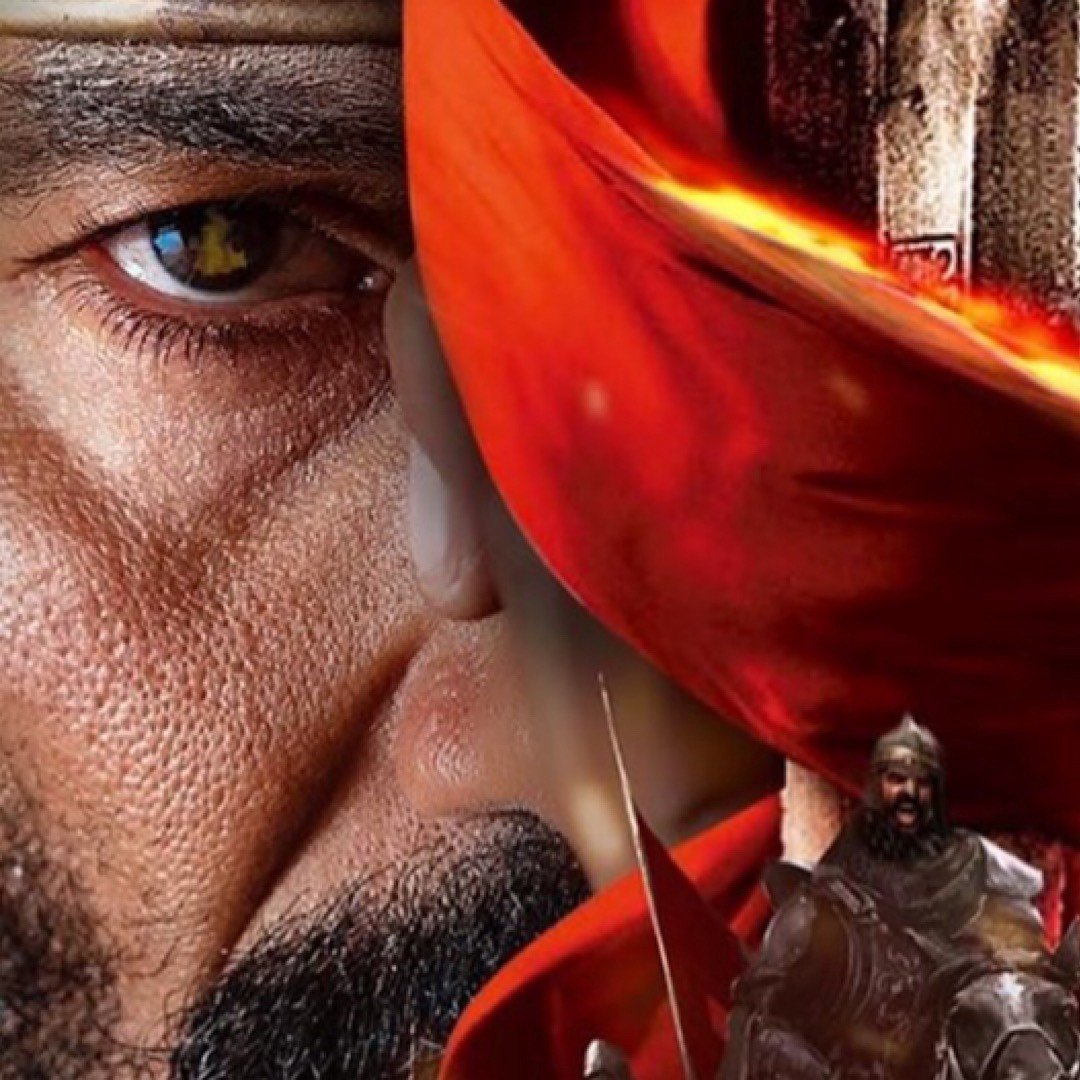 تظهر الصورة مشهداً درامياً يجمع بين العناصر التاريخية والبطولية. في الجانب الأيسر، يظهر وجه رجل بملامح قوية، مع تعبير عميق يعكس القوة والعزيمة. في الخلفية، تندمج مشاهد من معركة، حيث تتواجد جيوش ترتدي دروعاً وتلوح بأعلام. ويميز الصورة وجود سارية تحمل لافتة حمراء، مما يضيف إحساساً بالدراما والعمق. جميع العناصر تعكس روح الفروسية والحرب، وتثير شعوراً بالبطولة والتضحية.