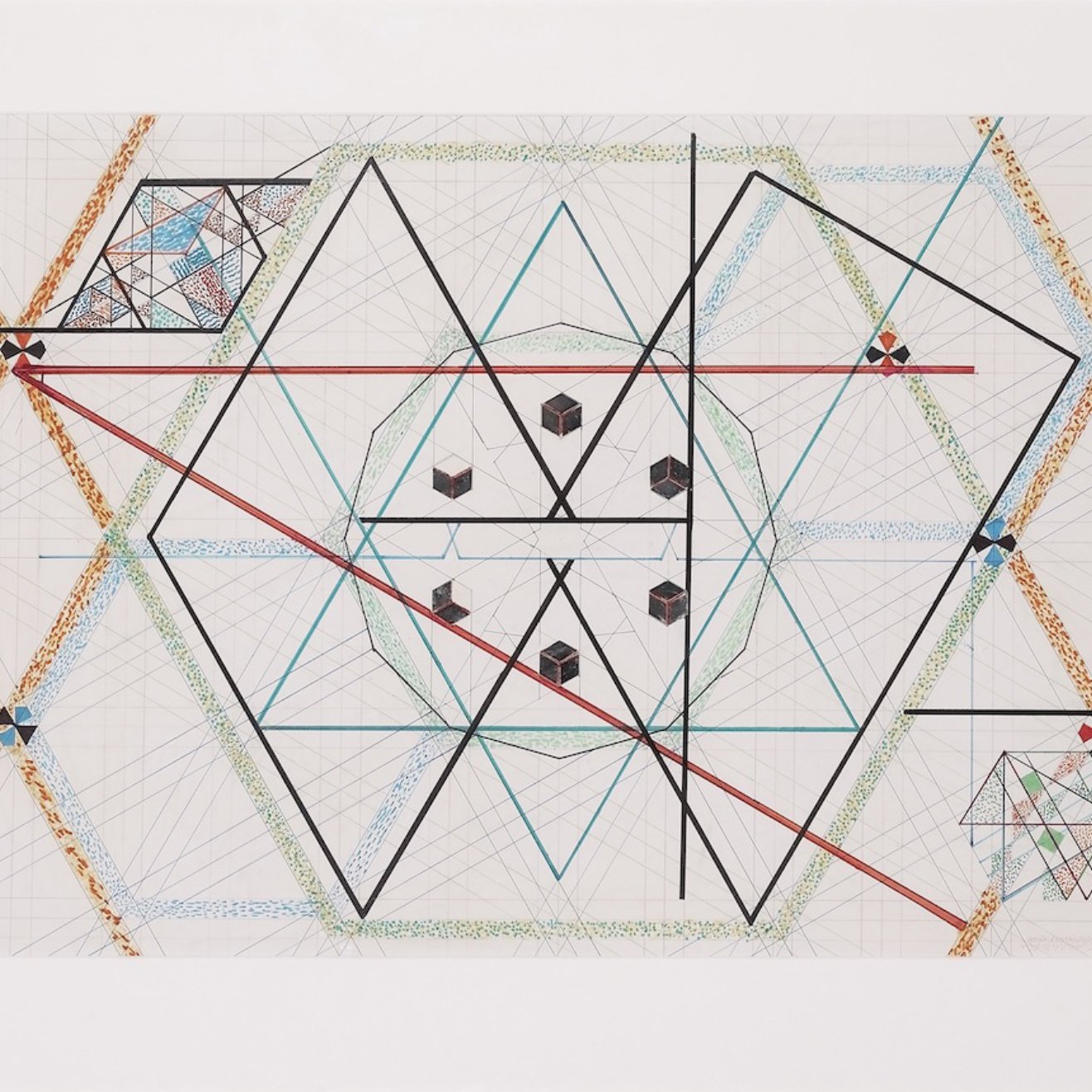 The image appears to be a geometric abstract artwork featuring intricate patterns and shapes. It includes a combination of lines, shapes, and colors, creating a complex design. Central to the composition is a large hexagonal form, surrounded by smaller geometric figures. Various lines intersect, forming a network across the page, while colored triangles and other shapes add depth and dimension. The overall aesthetic is symmetrical and mathematical, reflecting a meticulous approach to design and balance.