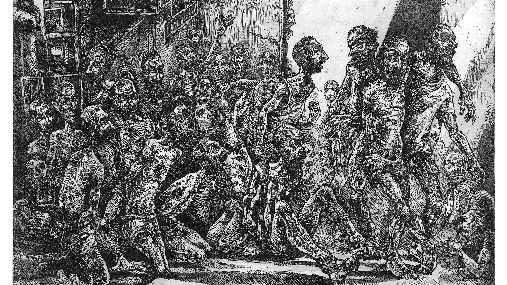Cette image est une gravure en noir et blanc représentant une scène sombre et chaotique. On y voit une multitude de personnages désespérés, dont les corps sont décharnés et en détresse. Les expressions faciales transmettent une grande souffrance. L'environnement semble oppressant, avec des murs en arrière-plan, suggérant un espace clos. L'œuvre dég dég dég dég dég dég dég dég dég dég dég dég dég dég dég dég dég dég dég dég dég dég dég dég dég dég dég dég dég dég dég dég dég dég dég dég dég dég dég dég dég d'une forte émotion et soulève des thèmes de souffrance et de désespoir.