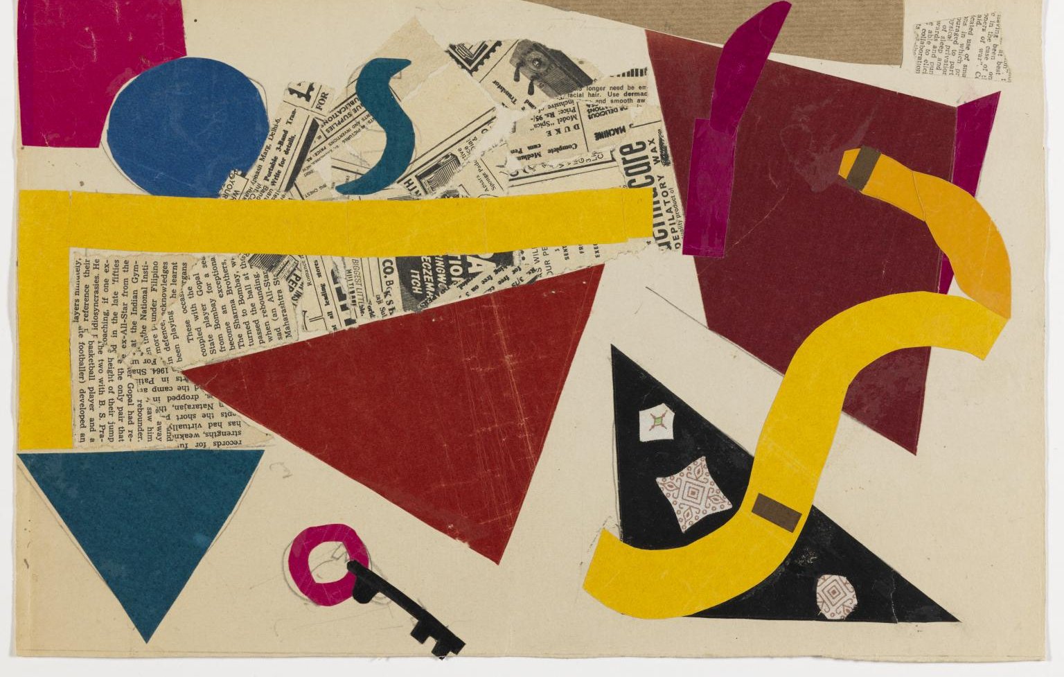 L'image que tu partages semble être un collage abstrait, composé de formes géométriques colorées sur un fond beige. On y voit des éléments de différentes tonalités, comme un cercle bleu, des bandes jaunes et rosâtres, ainsi que des triangles noirs et rouges. Des morceaux de papier journal sont également présents, ajoutant une texture intéressants à l'ensemble. Ce type de composition évoque une approche artistique moderne, caractérisée par l'utilisation des formes et des couleurs pour créer une image visuellement stimulante.