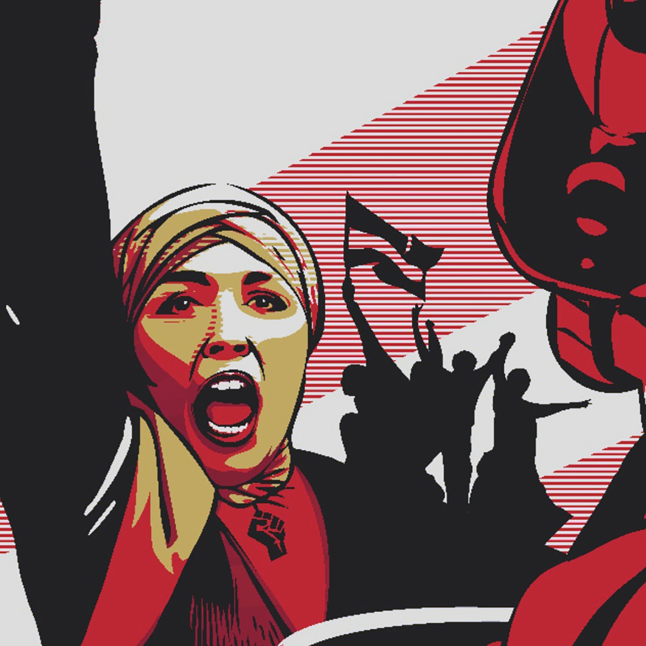 L'immagine presenta una composizione grafica dallo stile astratto, con colori forti e contrastanti. In primo piano, si vede una figura femminile che alza il pugno, esprimendo un gesto di protesta o di determinazione. Indossa un foulard, il che aggiunge un elemento di identificazione culturale. Sullo sfondo, ci sono delle silhouette di persone che sembrano partecipare a una manifestazione, con una bandiera in mano. L'uso di linee verticali e cambi di tonalità crea un senso di dinamismo e intensità emotiva.