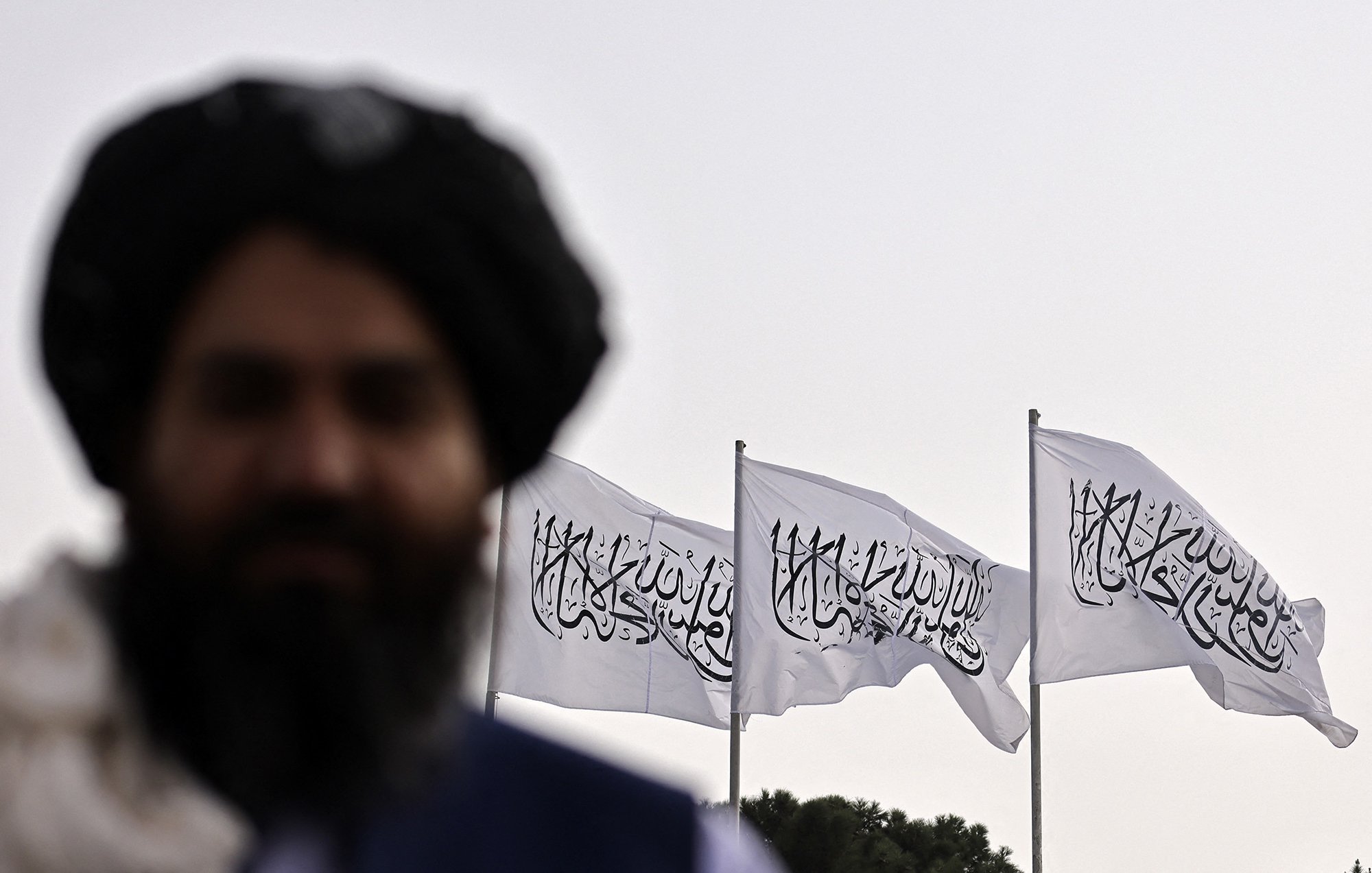 L'immagine mostra un uomo non completamente a fuoco in primo piano, con una folta barba e un turbante. Sullo sfondo, ci sono tre bandiere bianche che sventolano, ognuna recante un simbolo o una scritta. Le bandiere evocano un contesto culturale e politico specifico, tipico di alcune regioni. L'atmosfera è suggestiva e mette in risalto il contrasto tra il soggetto in primo piano e lo sfondo.