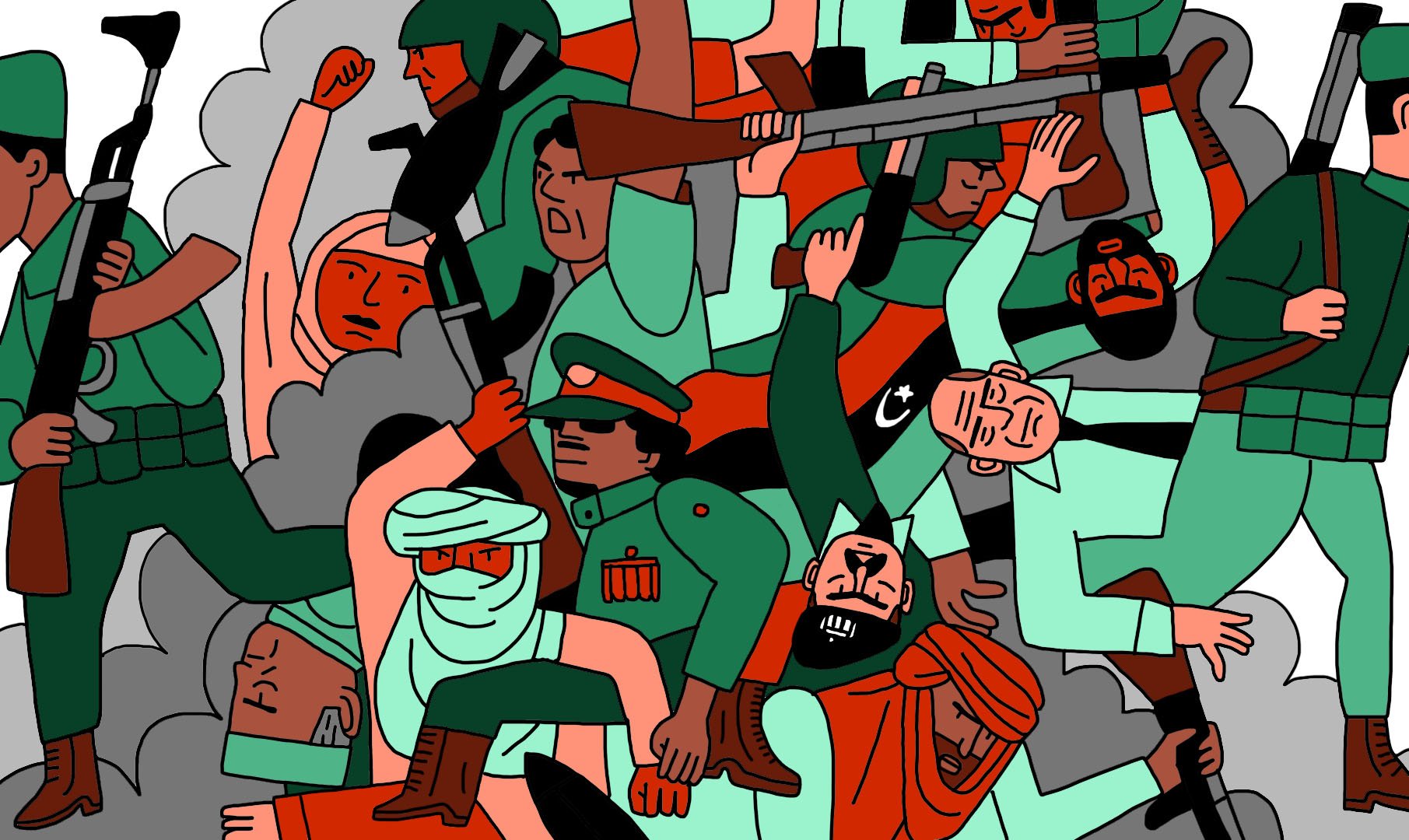 L'image représente une scène dynamique et chaotique de conflit, avec de nombreuses figures humaines en mouvement. On y voit des soldats portant des uniformes variés, certains armés de fusils. Les expressions des personnages sont intenses, reflétant la tension de la situation. Les couleurs sont vives, avec une dominance de rouge, vert et beige, ajoutant à l'énergie de la composition. En arrière-plan, des formes évoquant des nuages de fumée viennent renforcer l'atmosphère de conflit. L'ensemble donne un sentiment de lutte et de désordre.