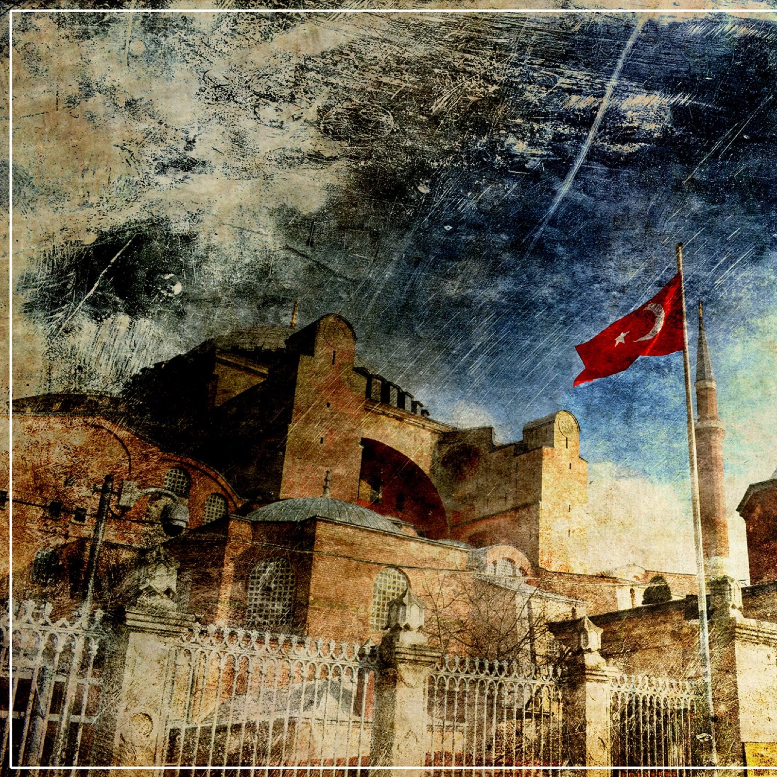 تصویر نشان‌دهنده یک ساختمان تاریخی با معماری خاص است که به نظر می‌رسد نمایی از ایاصوفیه (حاجیا صوفیا) در استانبول باشد. در جلو، پرچم ترکیه بر روی ستونی نصب شده و زمینه آسمان با ابرهای غلیظ و رنگی شده است. بافت تصویر به نظر می‌رسد که دارای افکت‌هایی است که حس قدیمی بودن و تاریخی بودن را القا می‌کند. معماری ساختمان با جزئیات زیبایی طراحی شده و فضای کلی تصویر حالتی شاعرانه و تاریخی دارد.