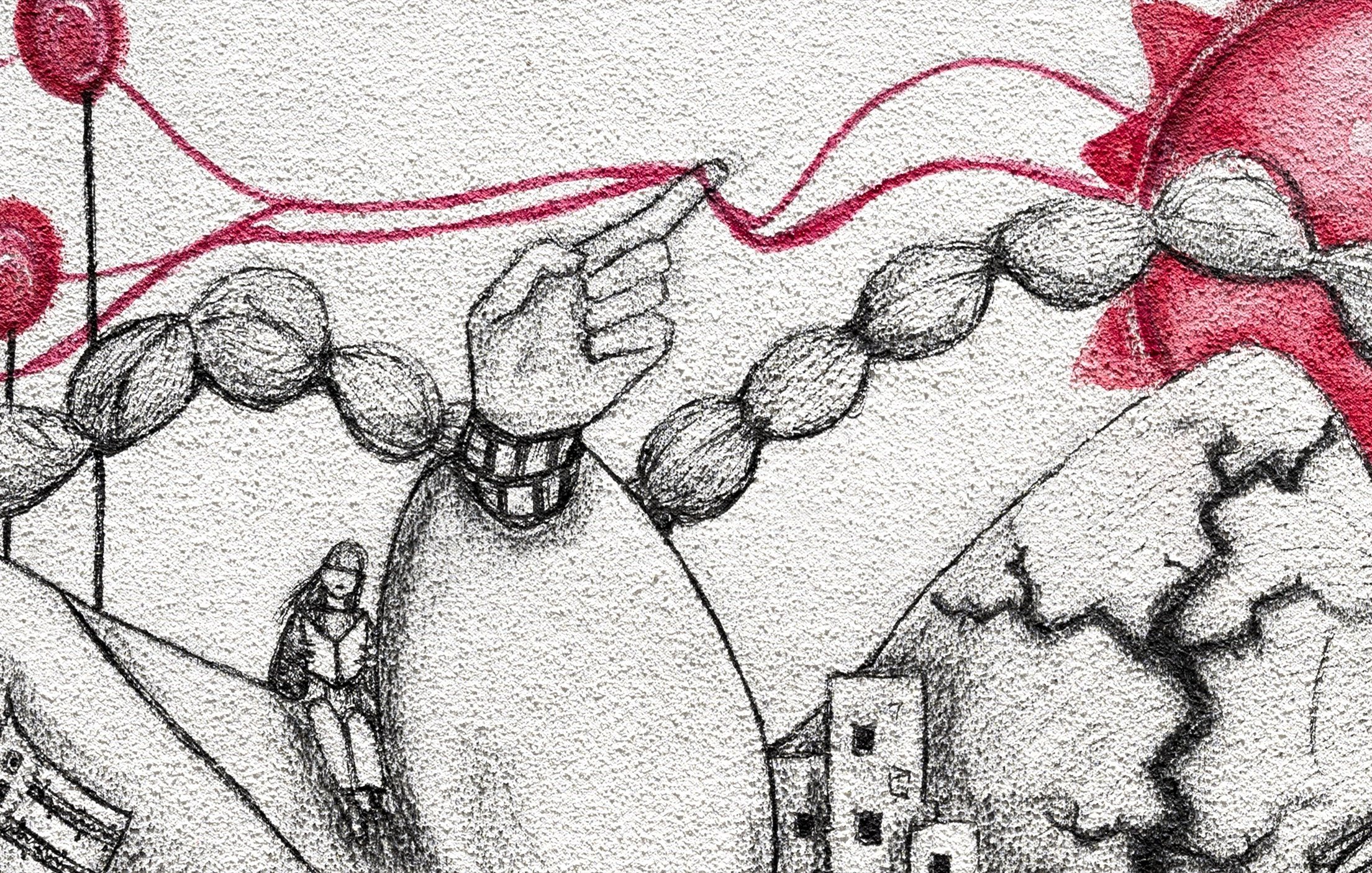 L'immagine presenta un disegno in bianco e nero con tratti rossi. Al centro, una grande mano punta verso un sole stilizzato, le cui linee rosse emanano raggi. Sullo sfondo, si vedono montagne frastagliate e edifici in rovina, suggerendo un ambiente che potrebbe essere stato colpito da una catastrofe. In primo piano, una figura umana è rappresentata in una posizione più piccola, creando un contrasto significativo con gli elementi più grandi e dominanti. L'atmosfera complessiva è di tensione e di interconnessione tra l'umanità e forze naturali.