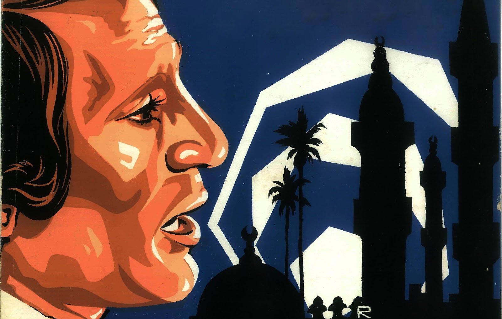 L'image présente un portrait stylisé d'un homme, de profil. Son visage est rehaussé de teintes orange et brunes, contrastant avec un fond bleu foncé. En arrière-plan, on aperçoit des silhouettes de structures architecturales, notamment des minarets et des palmiers, évoquant une ambiance orientale. Les formes géométriques blanches ajoutent une dimension graphique à la composition. L'ensemble dégage une atmosphère artistique et symbolique.