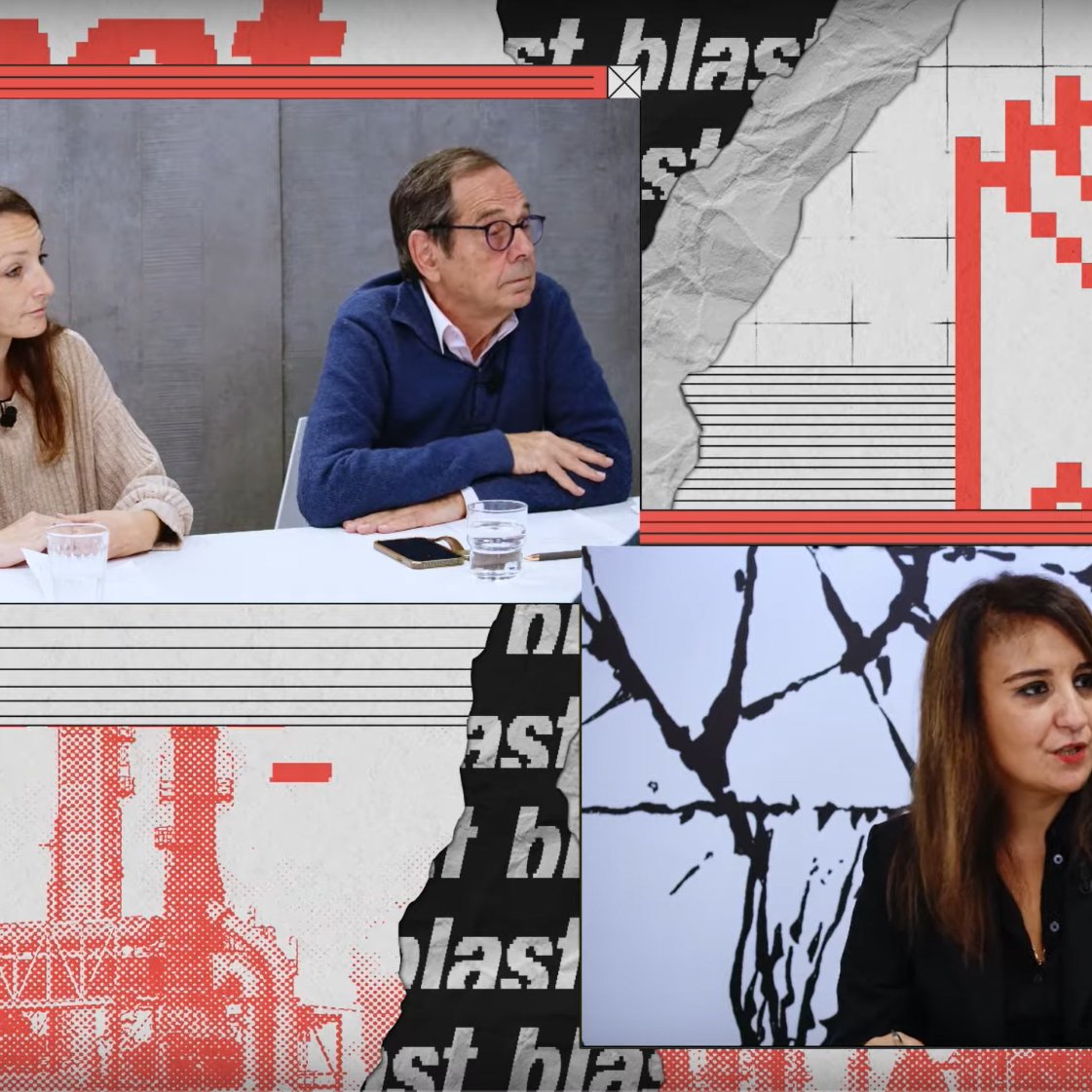 L'image présente un format de discussion ou d'interview. On y voit trois personnes : deux sont assises à une table, l'une à gauche avec de longs cheveux bruns et l'autre à droite, portant des lunettes. La troisième personne, en bas à droite, a un look professionnel et s'exprime. En arrière-plan, il y a un design graphique en rouge et noir, et des motifs qui semblent évoquer des éléments technologiques ou industriels. Le mot "blast" apparaît plusieurs fois, suggérant un lien avec un media ou une émission.