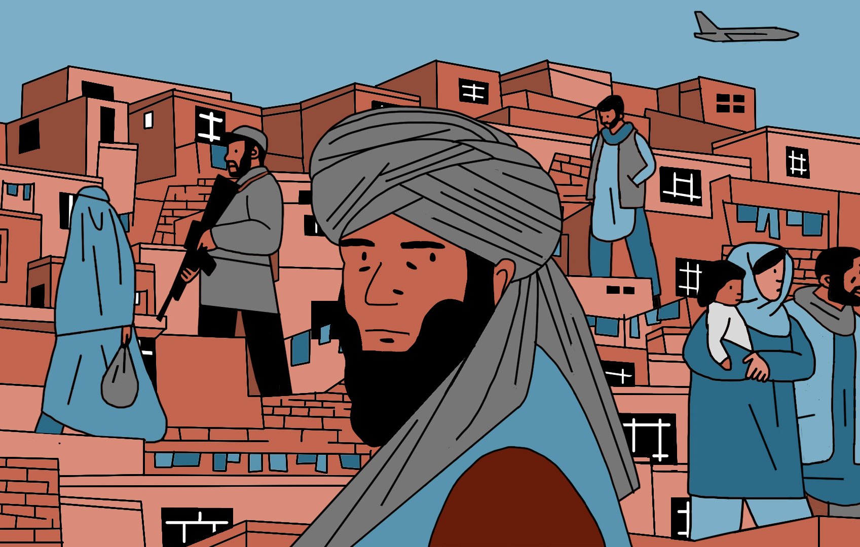 La imagen muestra una escena urbana en un entorno que parece ser un área de viviendas. Hay varias figuras humanas en diferentes posturas y actividades, algunas personas llevan vestimenta tradicional. En el fondo, se pueden ver edificios de colores terracota y un avión en el cielo. La atmósfera es algo melancólica, y la ilustración utiliza una paleta de colores cálidos.