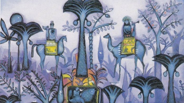 الصورة تُظهر مشهداً فنيًا مليئًا بالألوان الزاهية والتفاصيل الغريبة. في المشهد، هناك أشخاص يمتطون جمالاً يتواجدون في منظر طبيعي مكون من أشجار غريبة ومزخرفة. الأشجار تتنوع في الأشكال والألوان، بينما الخلفية تتضمن تدرجات لونية من الأزرق والبنفسجي، مما يضيف عمقًا وجمالًا للمشهد. التفاصيل تُظهر عناصر فنية تعكس الثقافة والتقاليد، مما يجعلها لوحة ساحرة وملهمة.