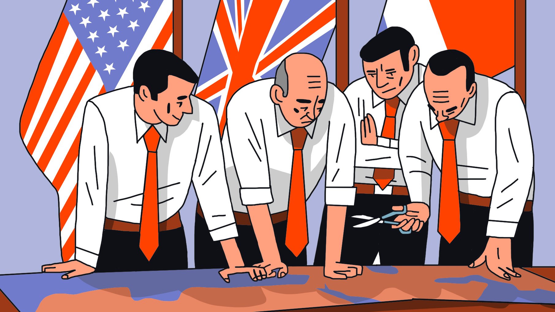 L'image montre quatre hommes en costume, regardant une carte ou un plan posé sur une table. Ils portent tous des chemises blanches avec des cravates orange. En arrière-plan, on peut voir trois drapeaux : celui des États-Unis, du Royaume-Uni et de la France. Les hommes semblent concentrés et discutent ensemble, ce qui suggère une réunion ou une consultation stratégique.