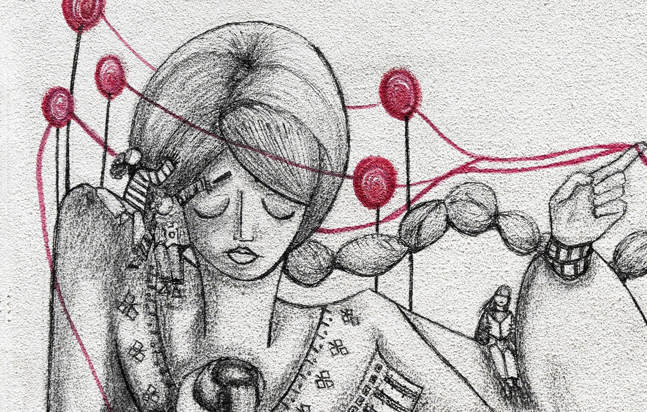 L'immagine rappresenta un'illustrazione monocromatica con elementi grafici in rosso. Al centro si trova una figura femminile con i capelli lunghi e intrecciati, che appare pensierosa. Attorno a lei ci sono linee rosse che sembrano collegare vari elementi, suggerendo una connessione o un'interazione. In primo piano, sono visibili piccole figure e simboli che arricchiscono la scena, creando un'atmosfera intensa e concettuale. L'uso delle tonalità e delle linee rende l'immagine evocativa, richiamando temi di introspezione e connessione.