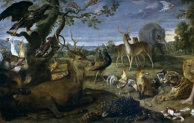 L'immagine rappresenta un ricco paesaggio naturale, pieno di animali in un ambiente sereno e armonioso. In primo piano, un giovane uomo siede tra un gruppo vario di animali, che includono cervi, leoni, gatti e vari uccelli. Sono presenti anche un elefante e un pavone più indietro nella scena. Gli alberi frondosi e una luce morbida creano un'atmosfera di tranquillità. L'interazione tra il giovane e gli animali suggerisce un legame speciale con la natura. Il cielo si illumina con toni caldi, contribuendo alla bellezza del paesaggio.