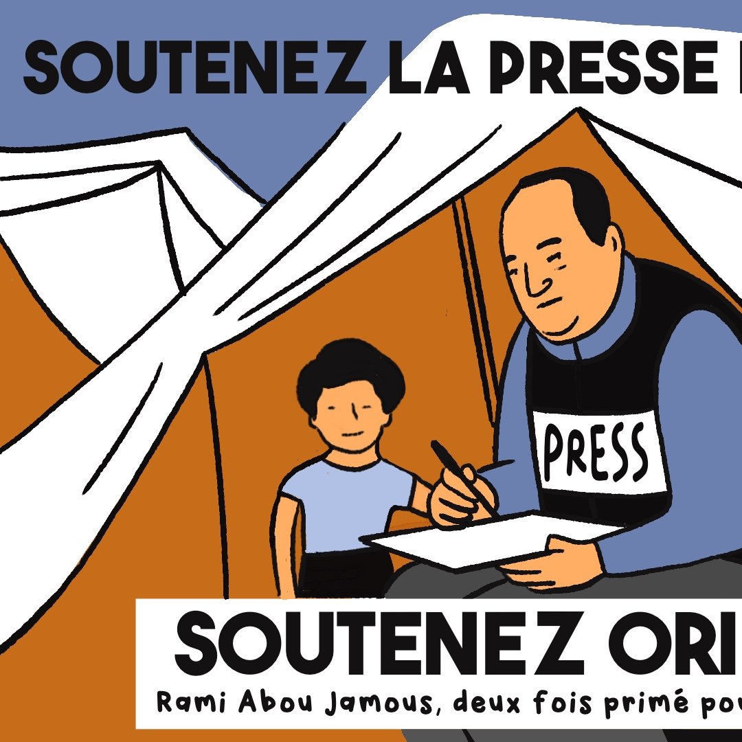 A man in a "PRESS" vest writes while a young child watches, under a tent. The text calls for support for independent journalism.