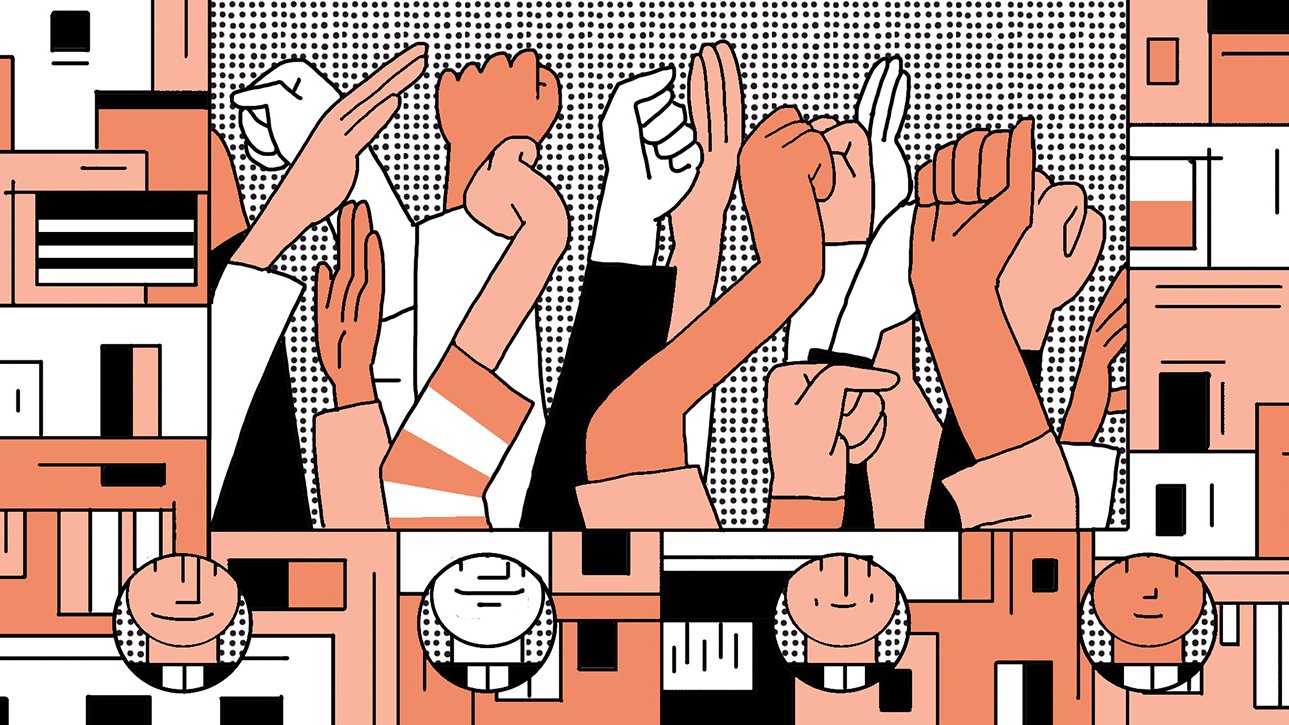 The image features a vibrant and stylized illustration of raised fists in various colors and patterns, symbolizing solidarity and protest. The hands are shown in a variety of positions, suggesting movement and activism. In the background, there are geometric shapes and patterns that create a dynamic and energetic atmosphere, enhancing the theme of empowerment and collective action. The overall tone is bold and illustrative, highlighting themes of unity and strength among individuals.