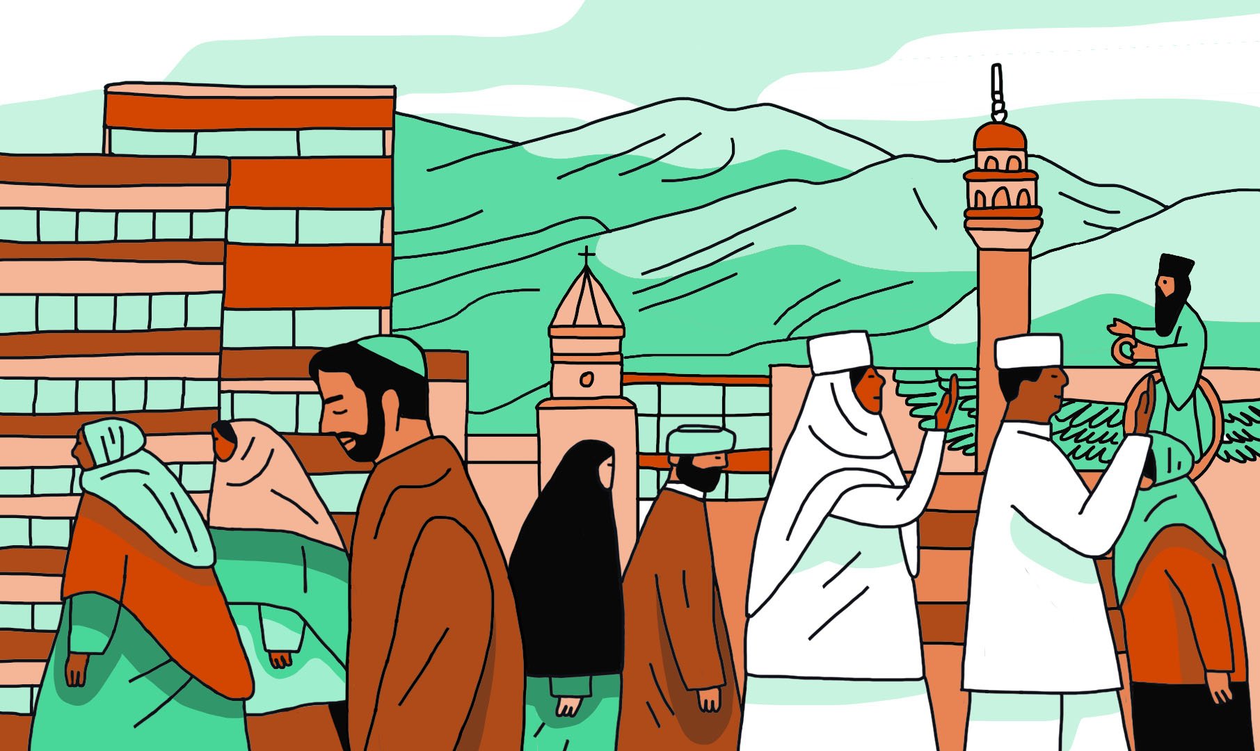 La imagen muestra una escena diversa y colorida de personas caminando en un entorno urbano. Hay montañas al fondo y diferentes edificios, incluyendo una mezquita y una iglesia, que sugieren una mezcla cultural. Las personas en la imagen visten ropas tradicionales de varias culturas, y parece haber un ambiente de convivencia entre diferentes comunidades. Las líneas son simples y los colores son suaves, dando una sensación de calidez y diversidad.