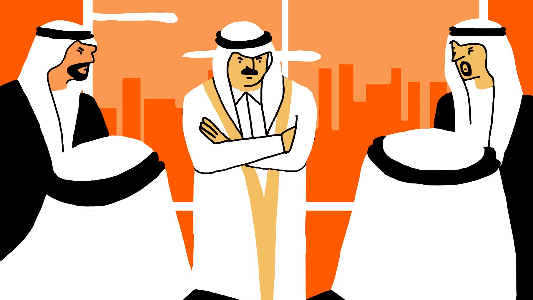 L'image montre trois hommes vêtus de costumes traditionnels du Moyen-Orient, probablement en train de discuter ou de débattre. L'homme au centre semble contrarié, les bras croisés et l'air sérieux, tandis que les deux autres hommes, de part et d'autre, affichent des expressions faciales variées. L'arrière-plan est d'une teinte orange, évoquant une ambiance dynamique ou tendue. La scène semble se dérouler dans un environnement urbain, suggérant un contexte professionnel ou de réunion.